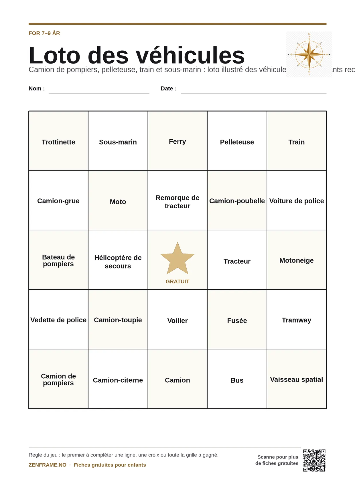 Loto des véhicules pour enfants 7–9 ans – planche A4 gratuite à imprimer