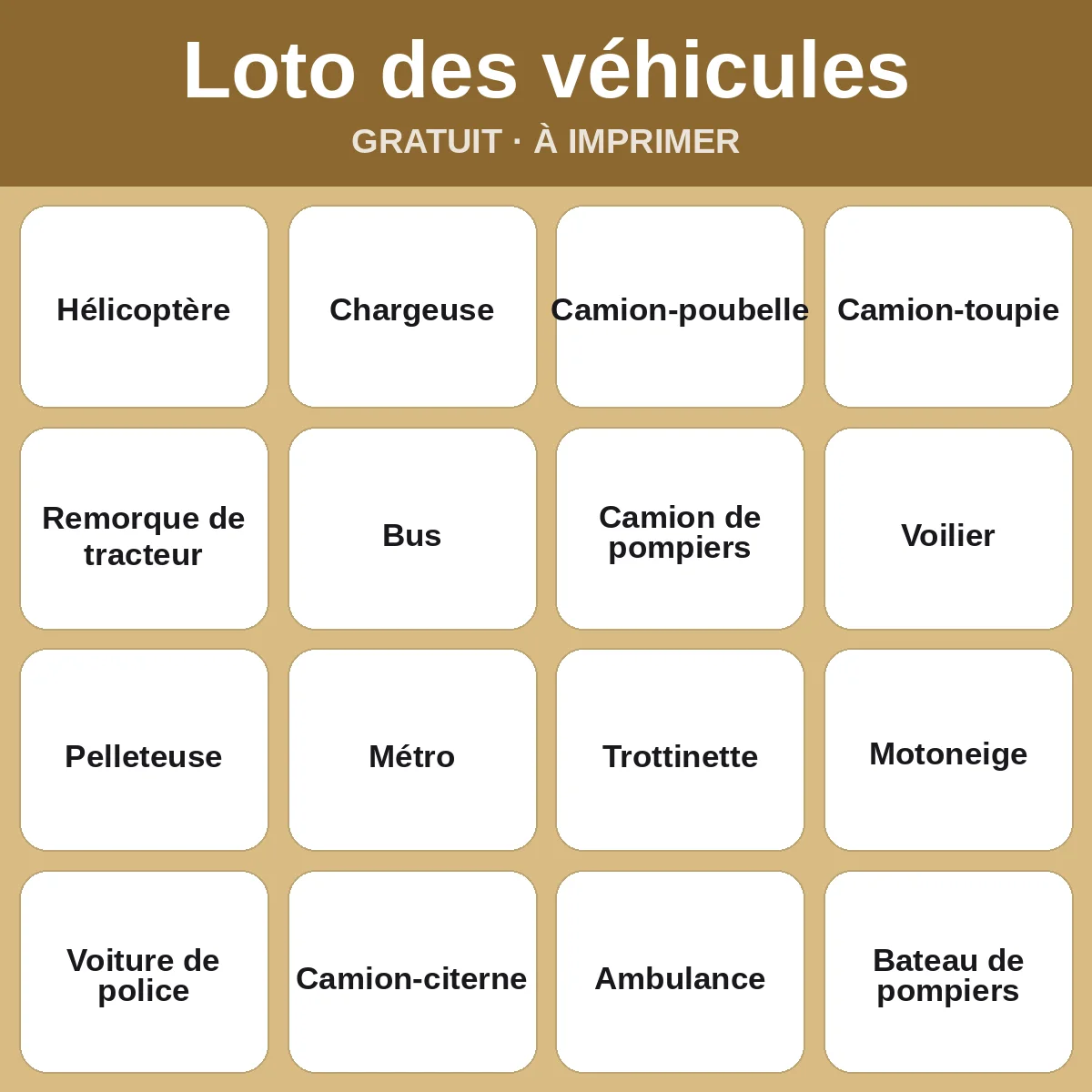 Loto des véhicules – bingo gratuit à imprimer pour enfants