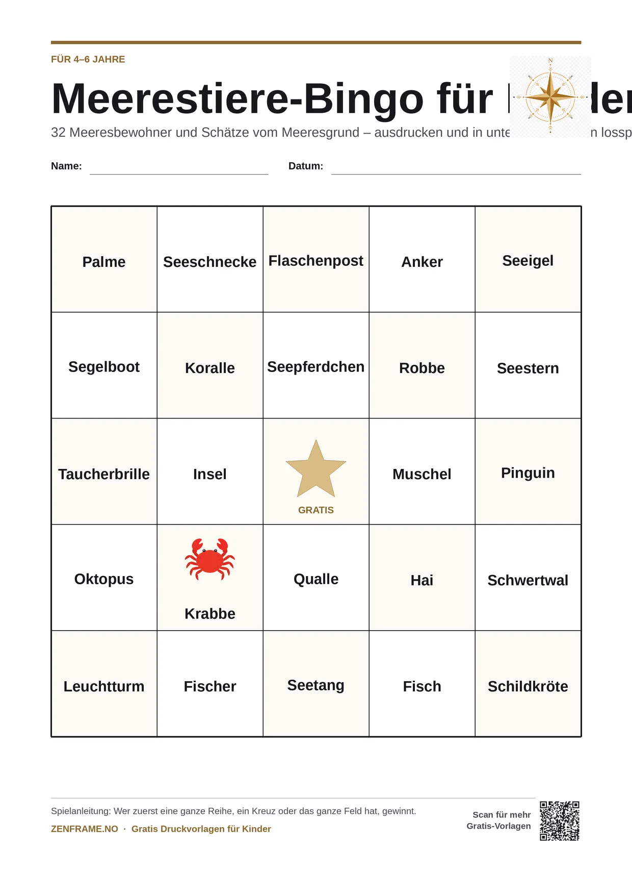 Meerestiere-Bingo für Kinder 4–6 Jahre – kostenlose A4-Vorlage zum Ausdrucken