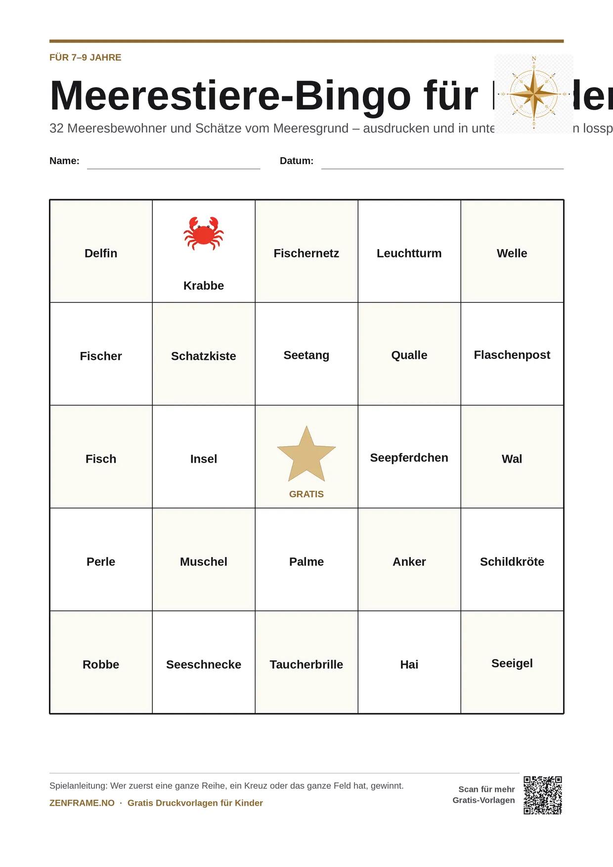 Meerestiere-Bingo für Kinder 7–9 Jahre – kostenlose A4-Vorlage zum Ausdrucken