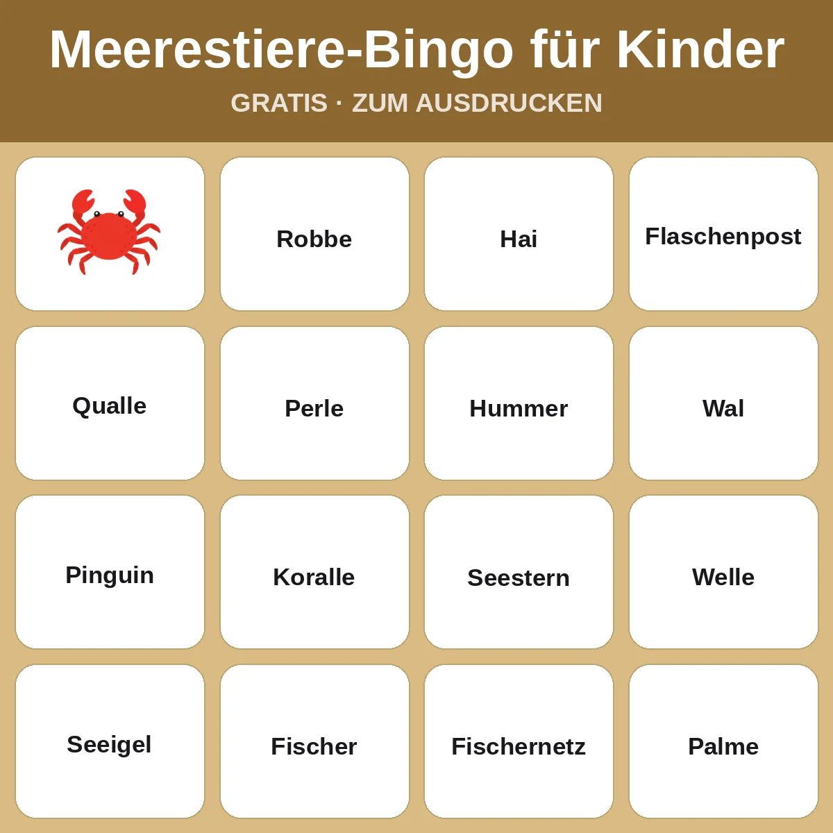 Meerestiere-Bingo für Kinder – kostenloses Bingo zum Ausdrucken für Kinder