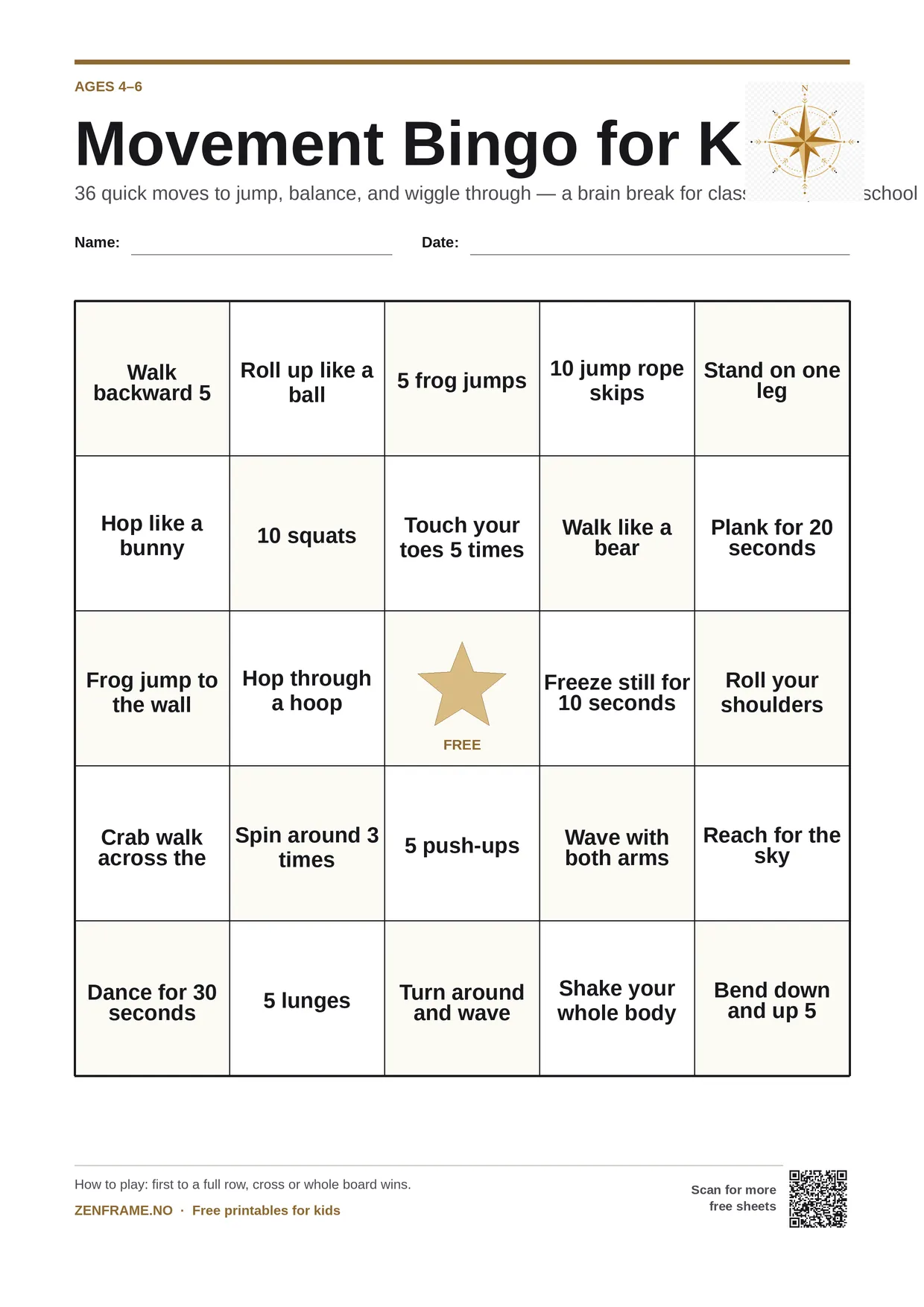 Movement Bingo for kids ages 4–6 – free printable A4 board