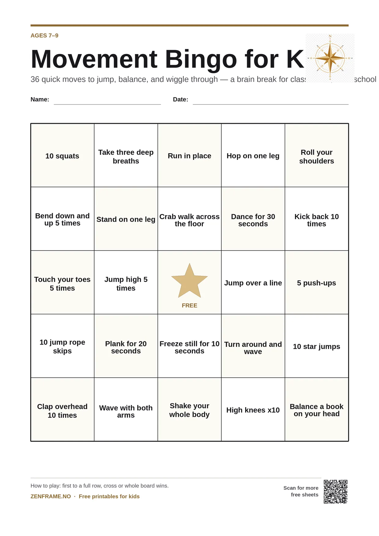 Movement Bingo for kids ages 7–9 – free printable A4 board