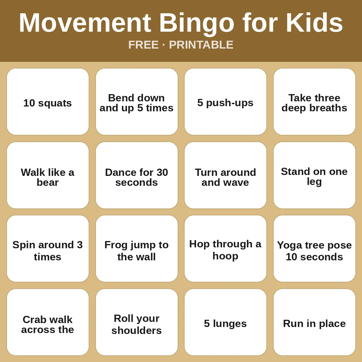 Movement Bingo for Kids – free printable bingo for kids