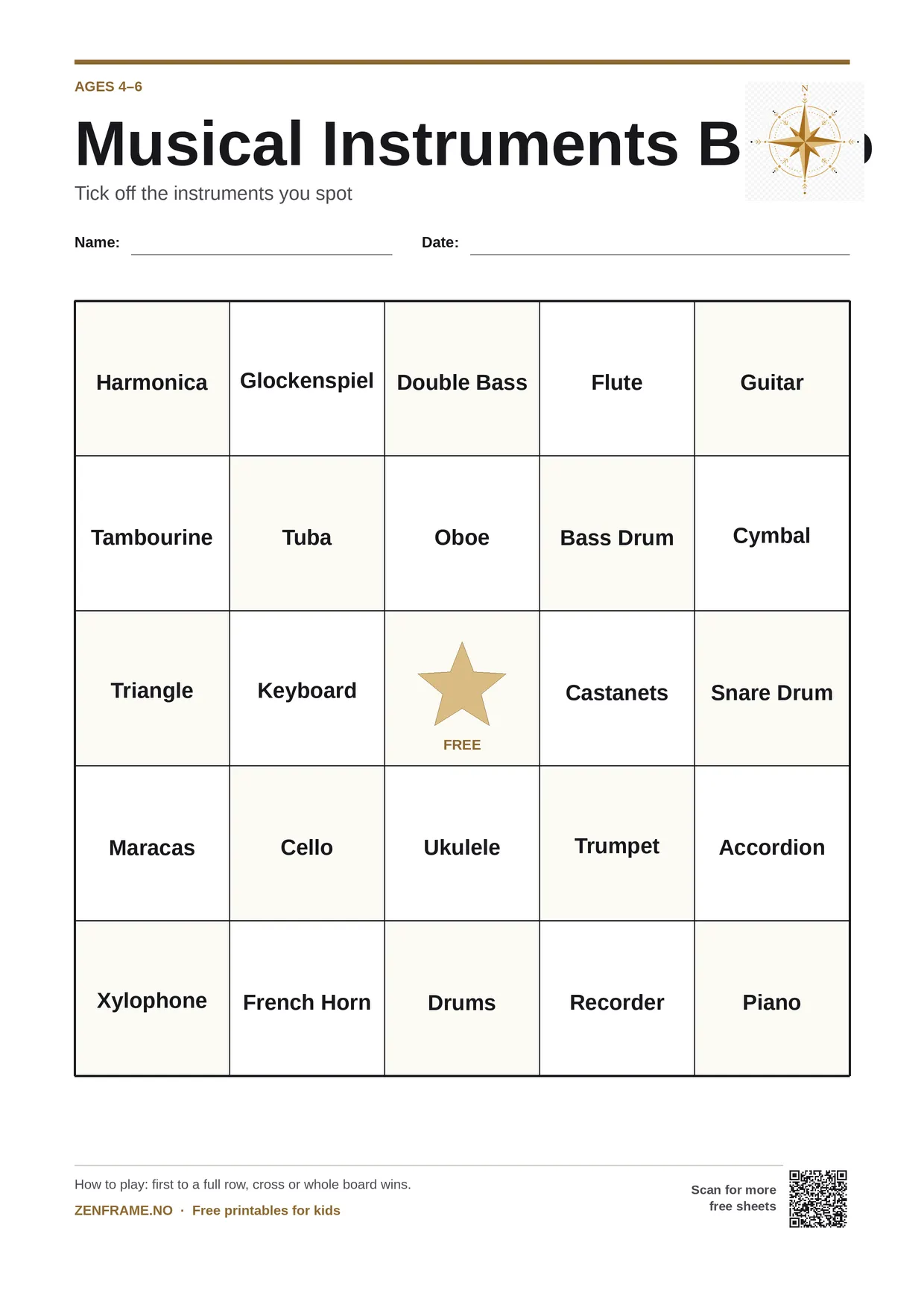 Musical Instruments Bingo for kids ages 4–6 – free printable A4 board
