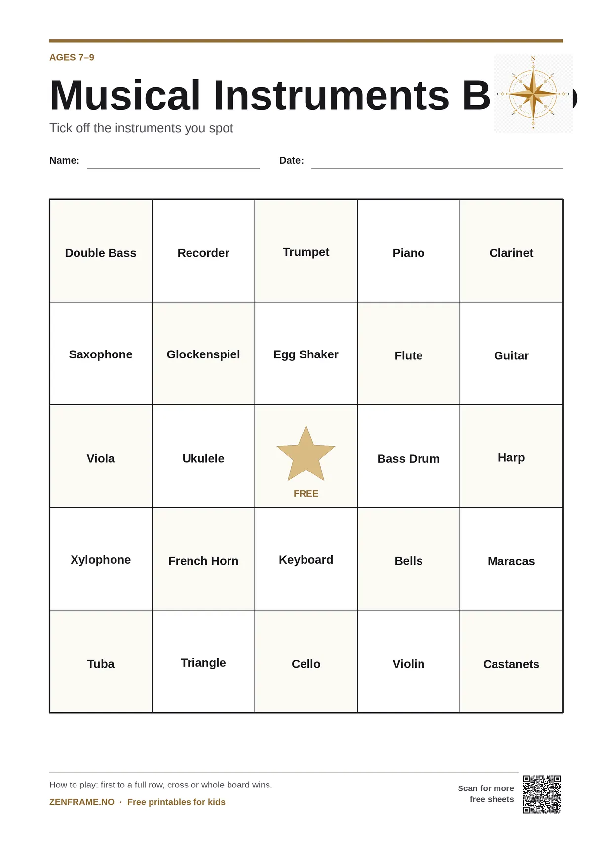 Musical Instruments Bingo for kids ages 7–9 – free printable A4 board
