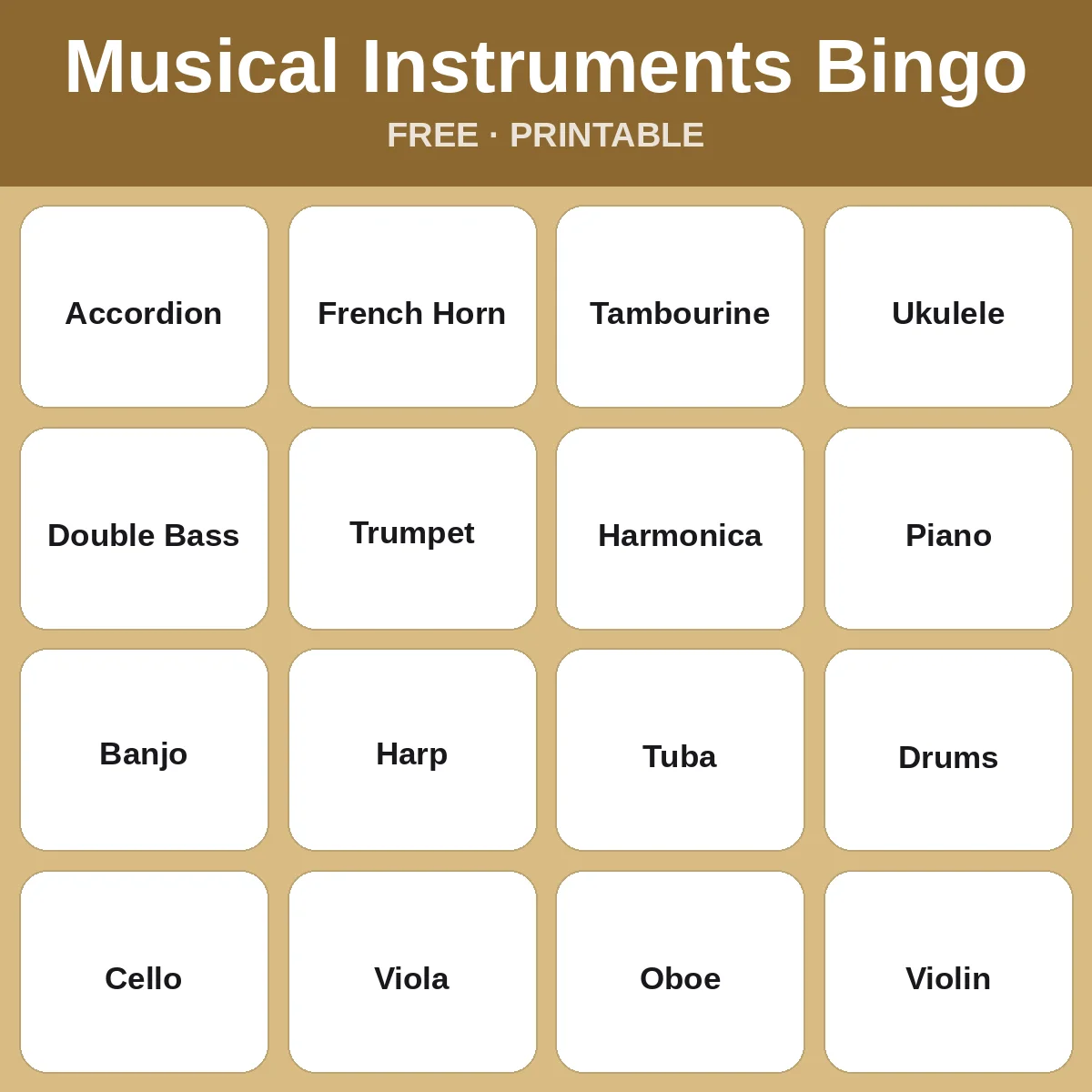 Musical Instruments Bingo – free printable bingo for kids