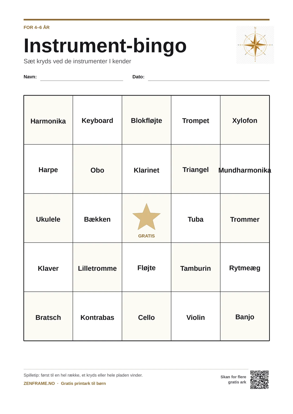 Instrument-bingo for børn 4–6 år – gratis printbar A4-plade