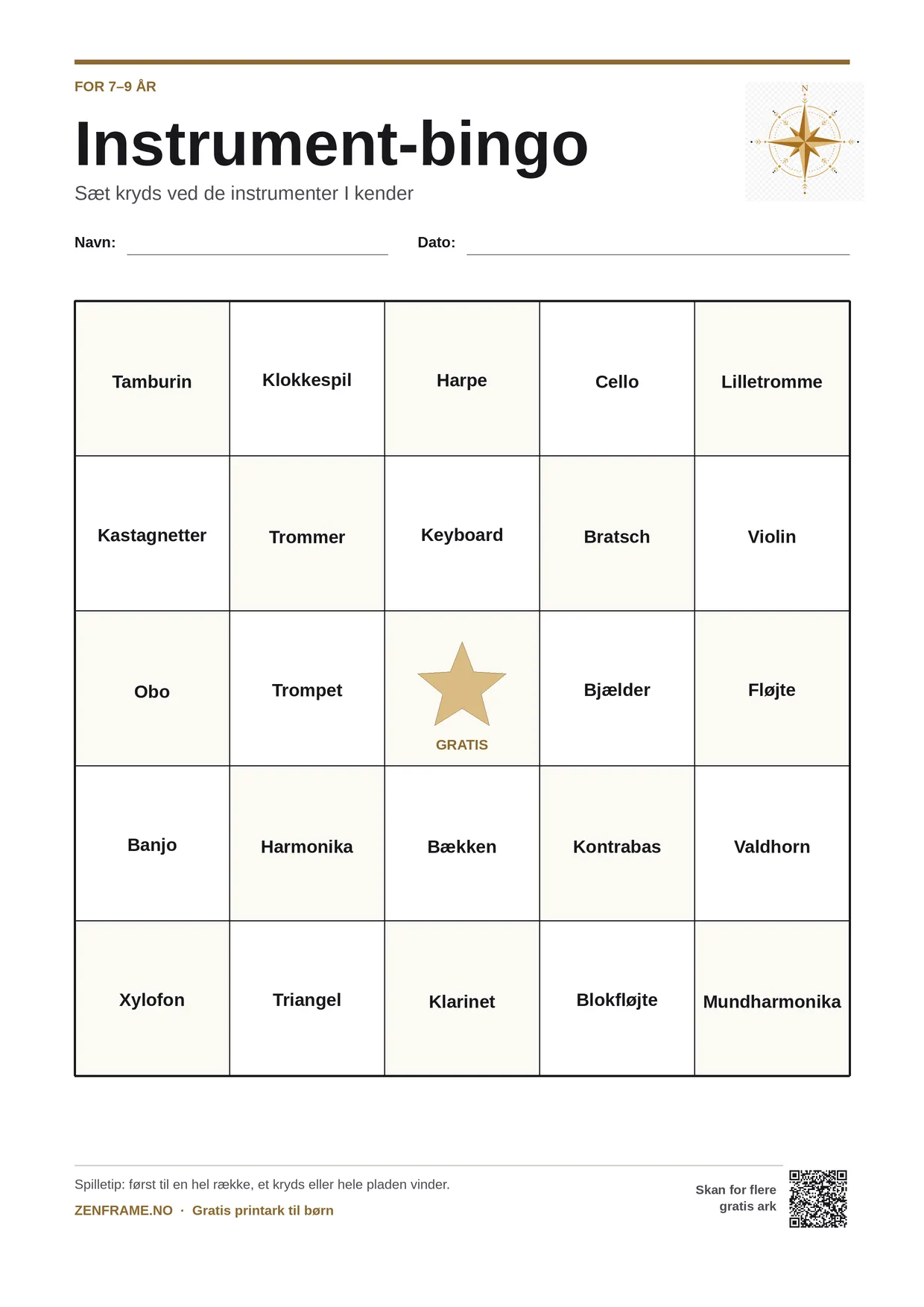 Instrument-bingo for børn 7–9 år – gratis printbar A4-plade