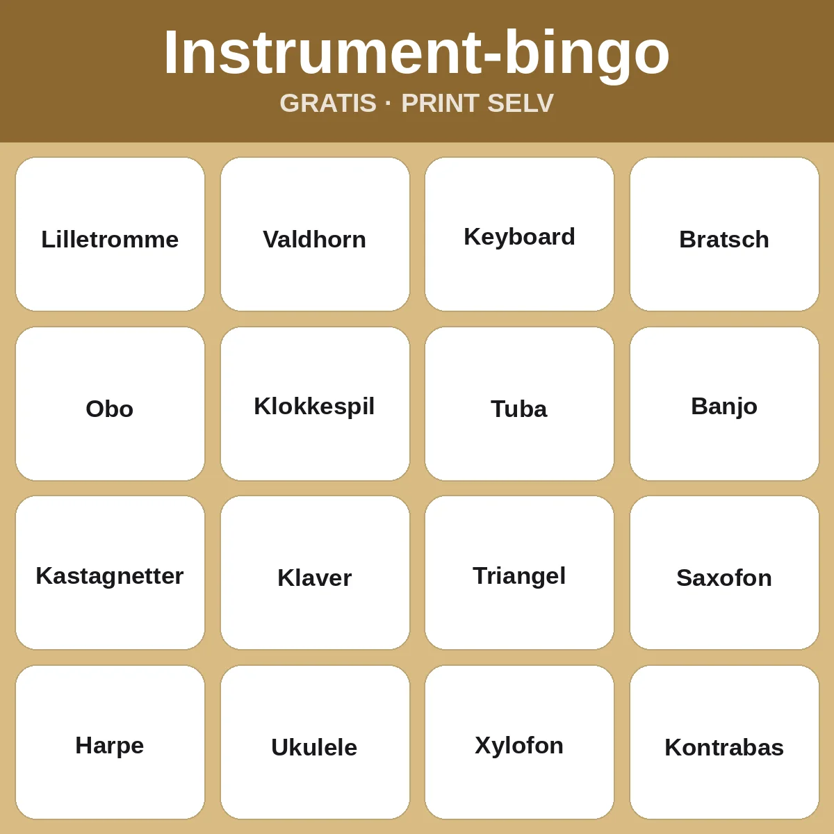Instrument-bingo – gratis bingo til print for børn