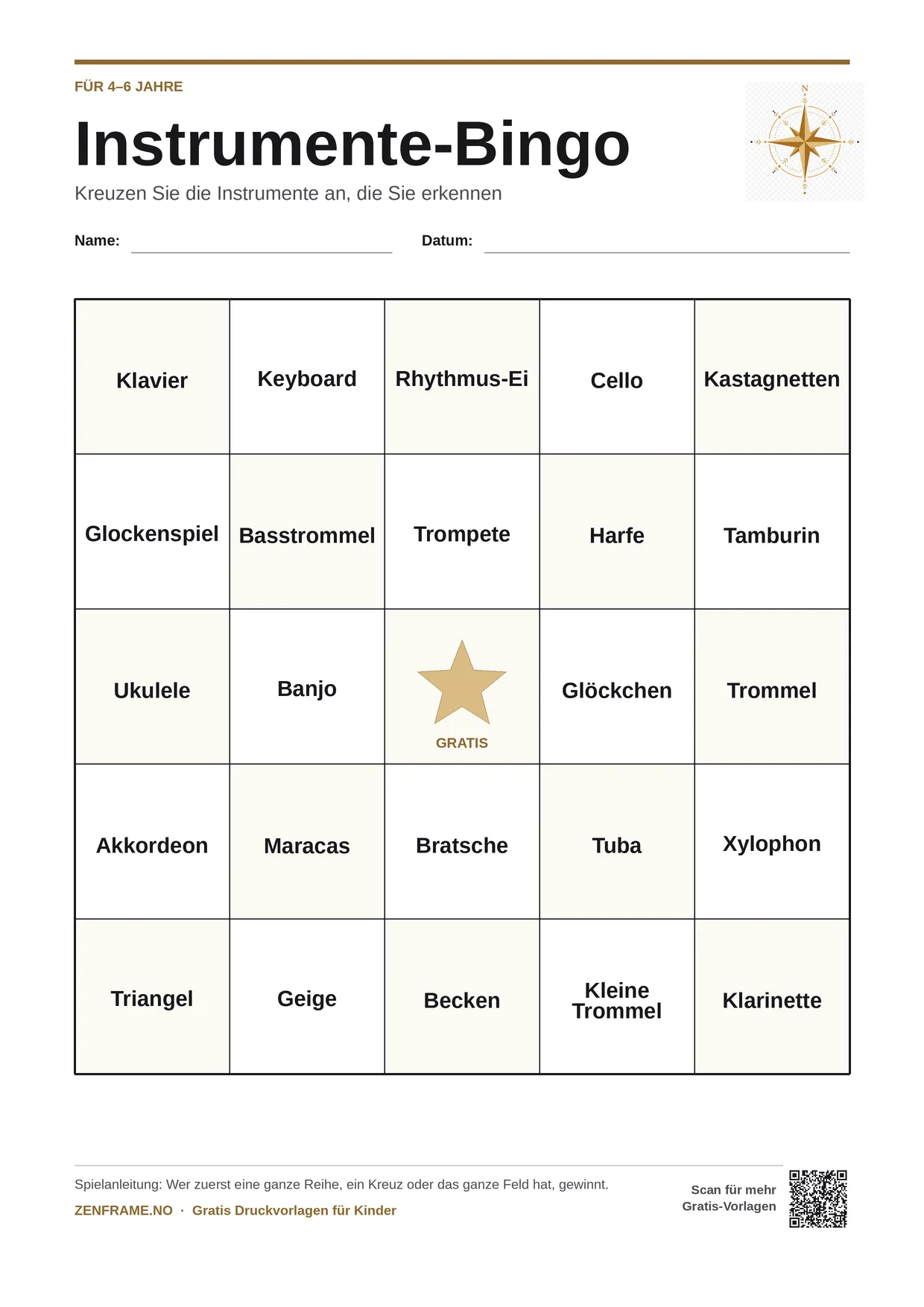 Instrumente-Bingo für Kinder 4–6 Jahre – kostenlose A4-Vorlage zum Ausdrucken
