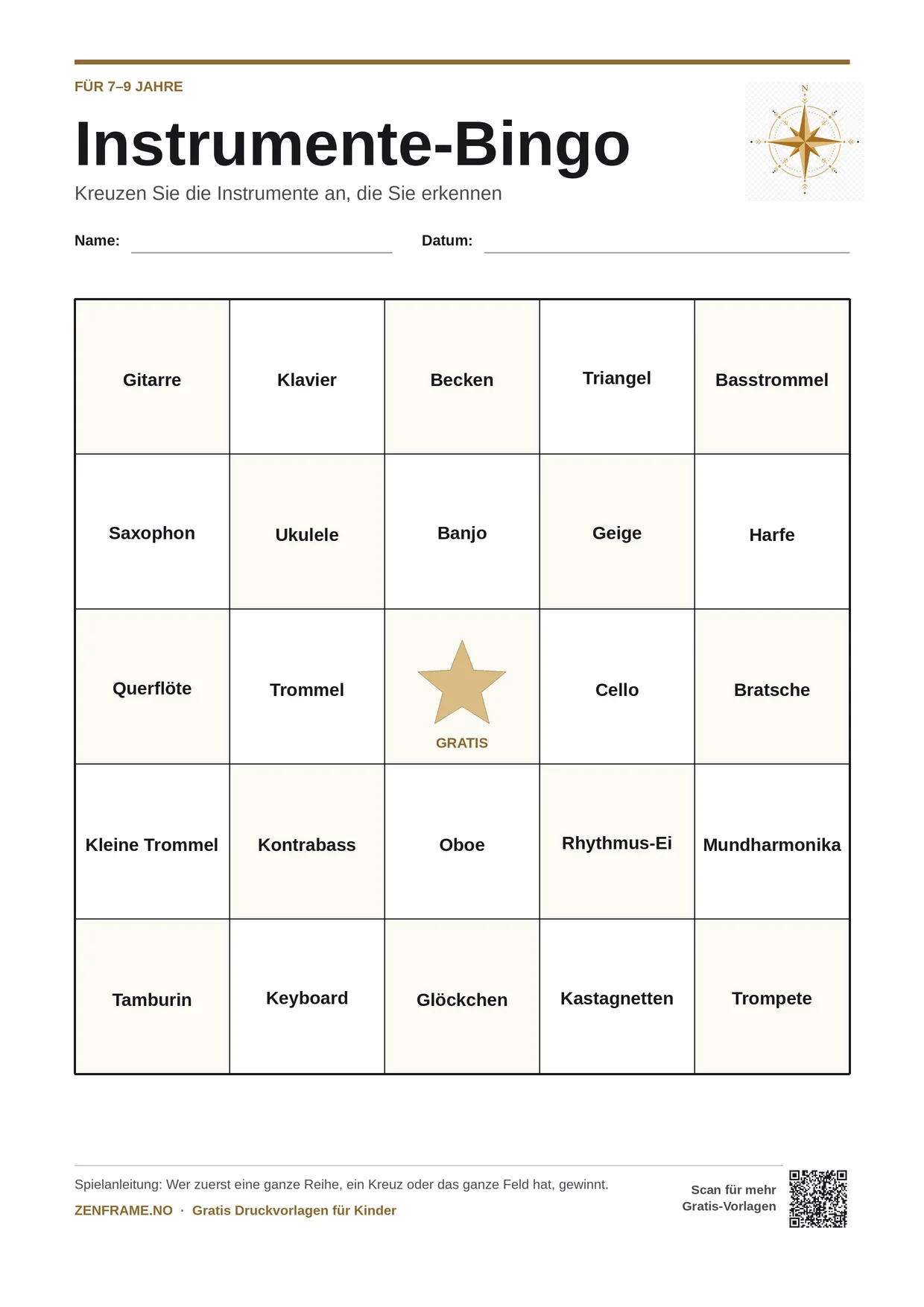Instrumente-Bingo für Kinder 7–9 Jahre – kostenlose A4-Vorlage zum Ausdrucken