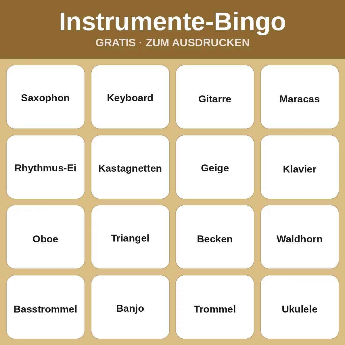 Instrumente-Bingo – kostenloses Bingo zum Ausdrucken für Kinder