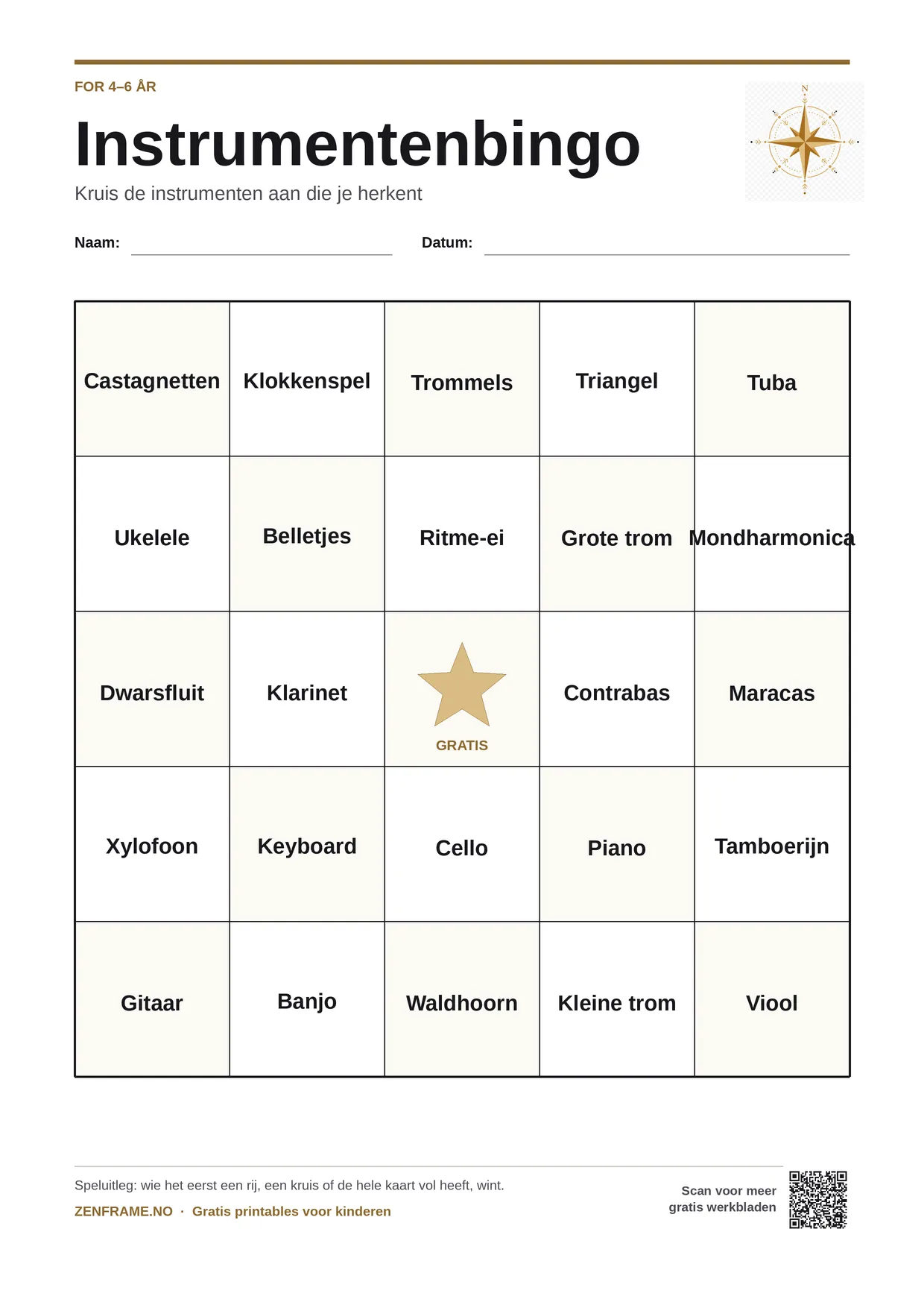 Instrumentenbingo voor kinderen 4–6 jaar – gratis printbare A4-kaart