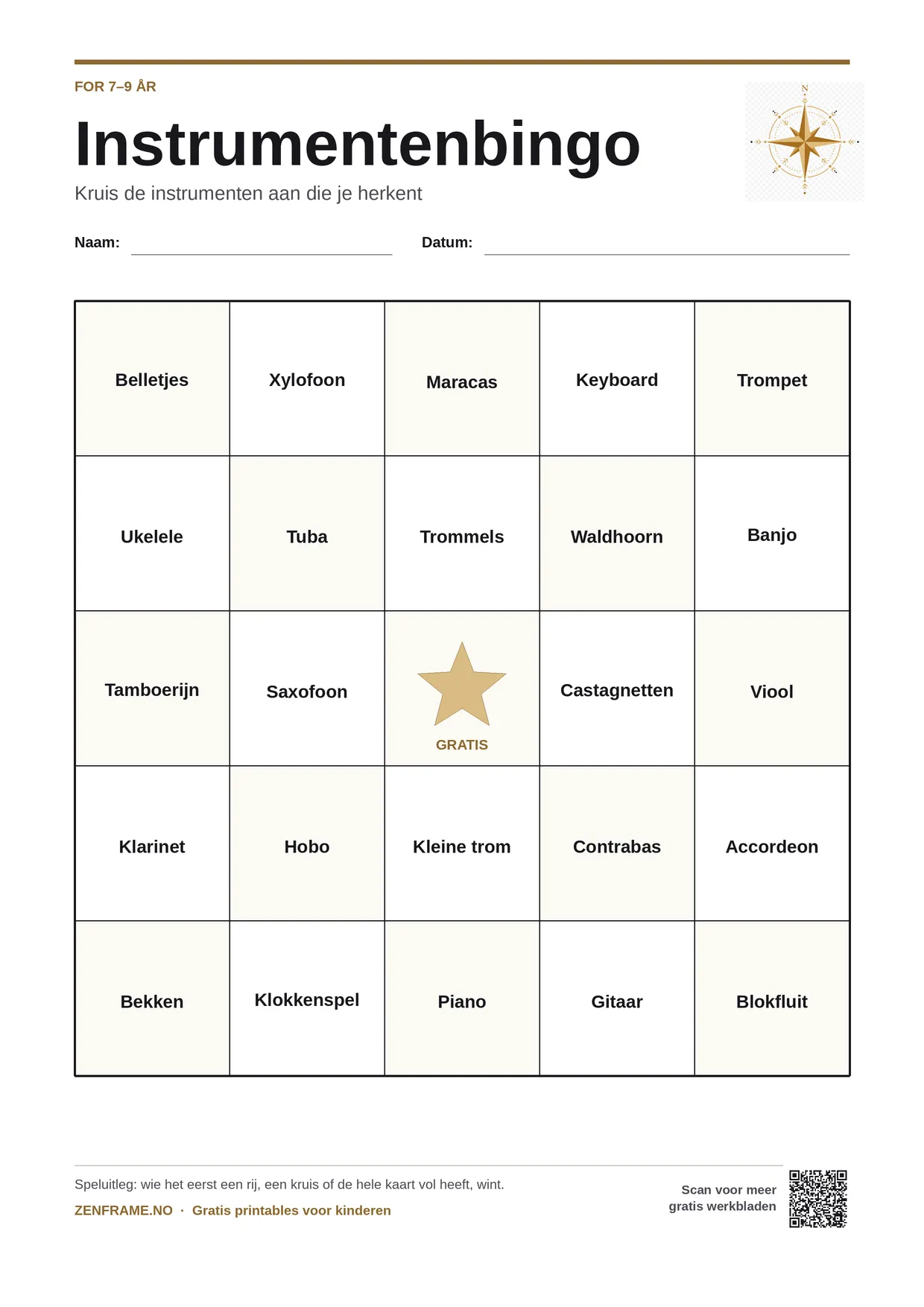 Instrumentenbingo voor kinderen 7–9 jaar – gratis printbare A4-kaart