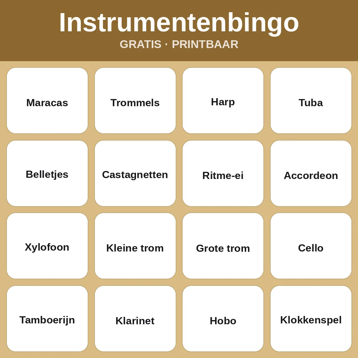 Instrumentenbingo – gratis bingo om te printen voor kinderen