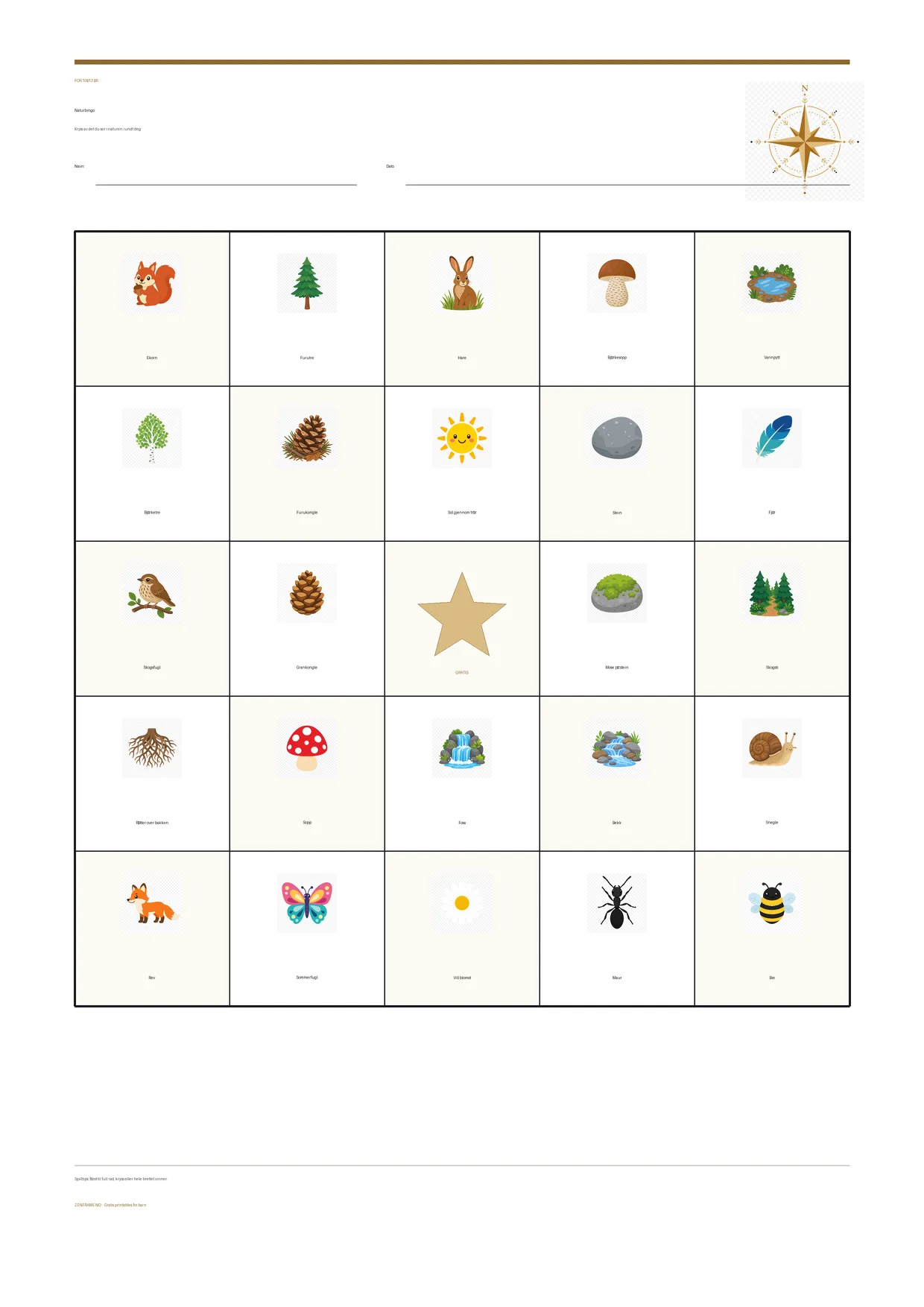 Naturbingo for barn 10–12 år – gratis utskrivbart A4-brett