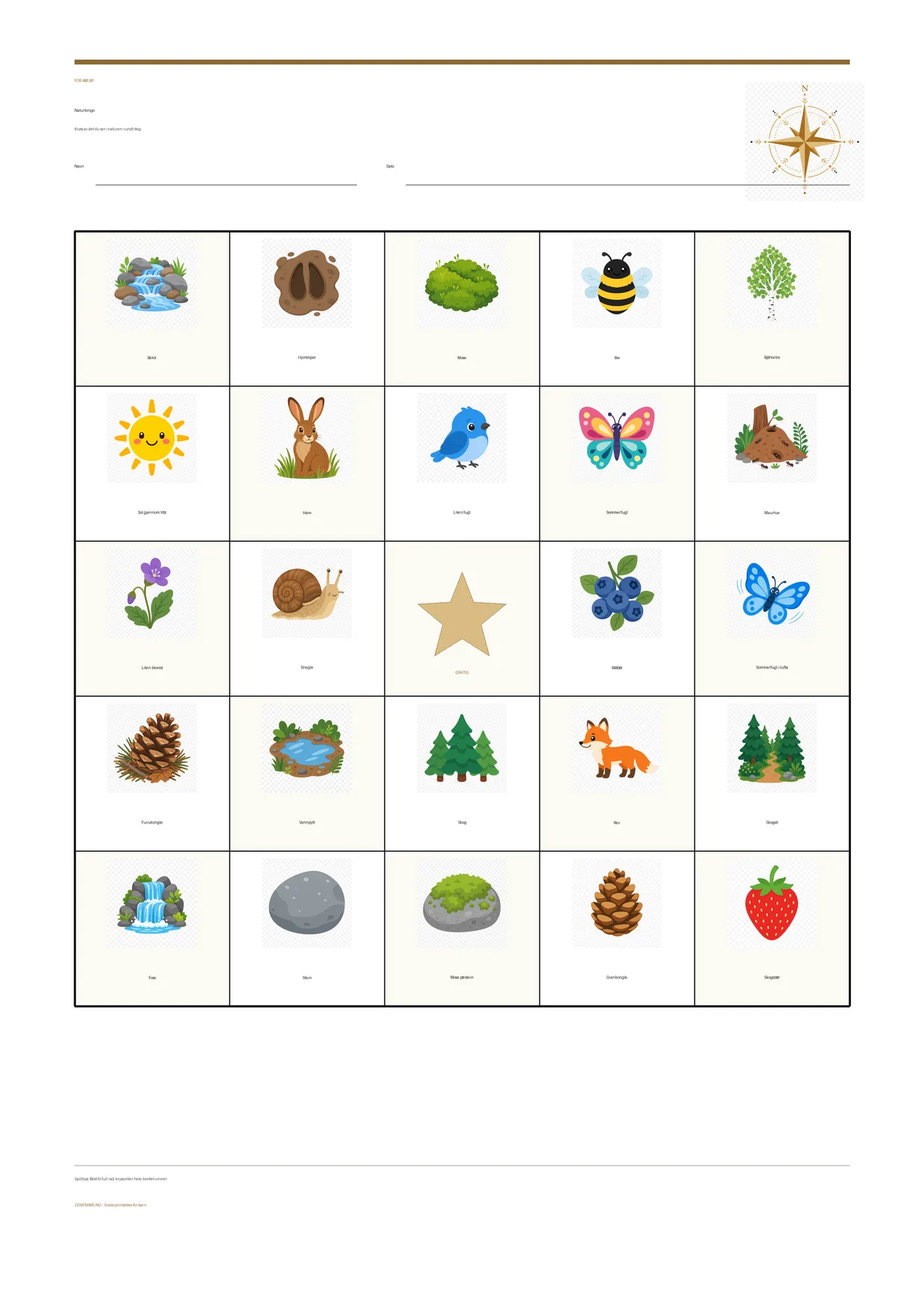 Naturbingo for barn 4–6 år – gratis utskrivbart A4-brett