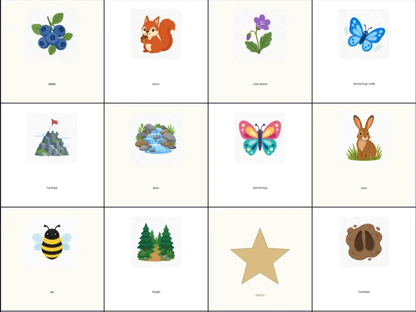 Naturbingo for barn 7–9 år – nærbilde av rutene med motiver