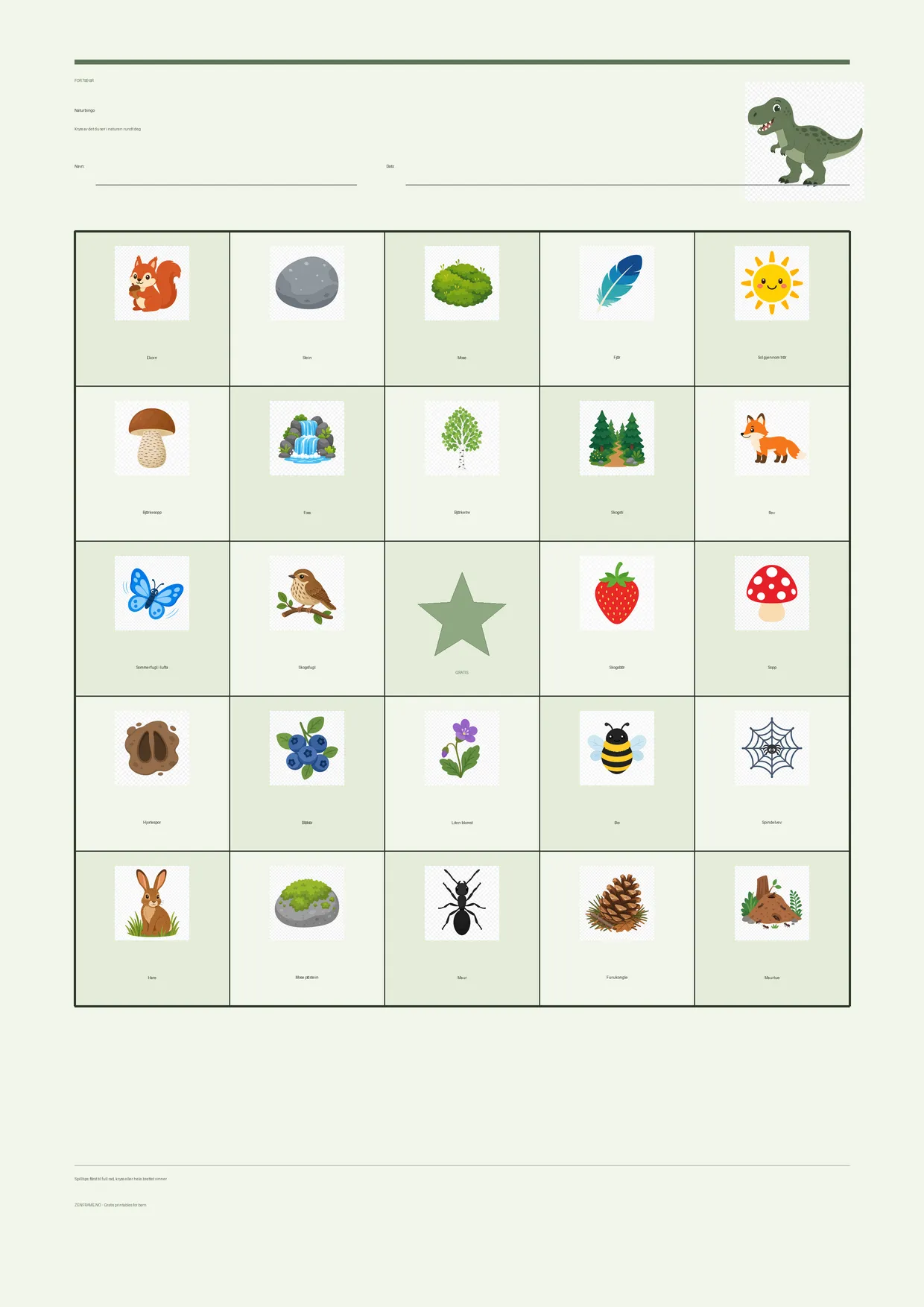 Naturbingo for barn 7–9 år – Dinosaur-tema – gratis utskrivbart A4-brett
