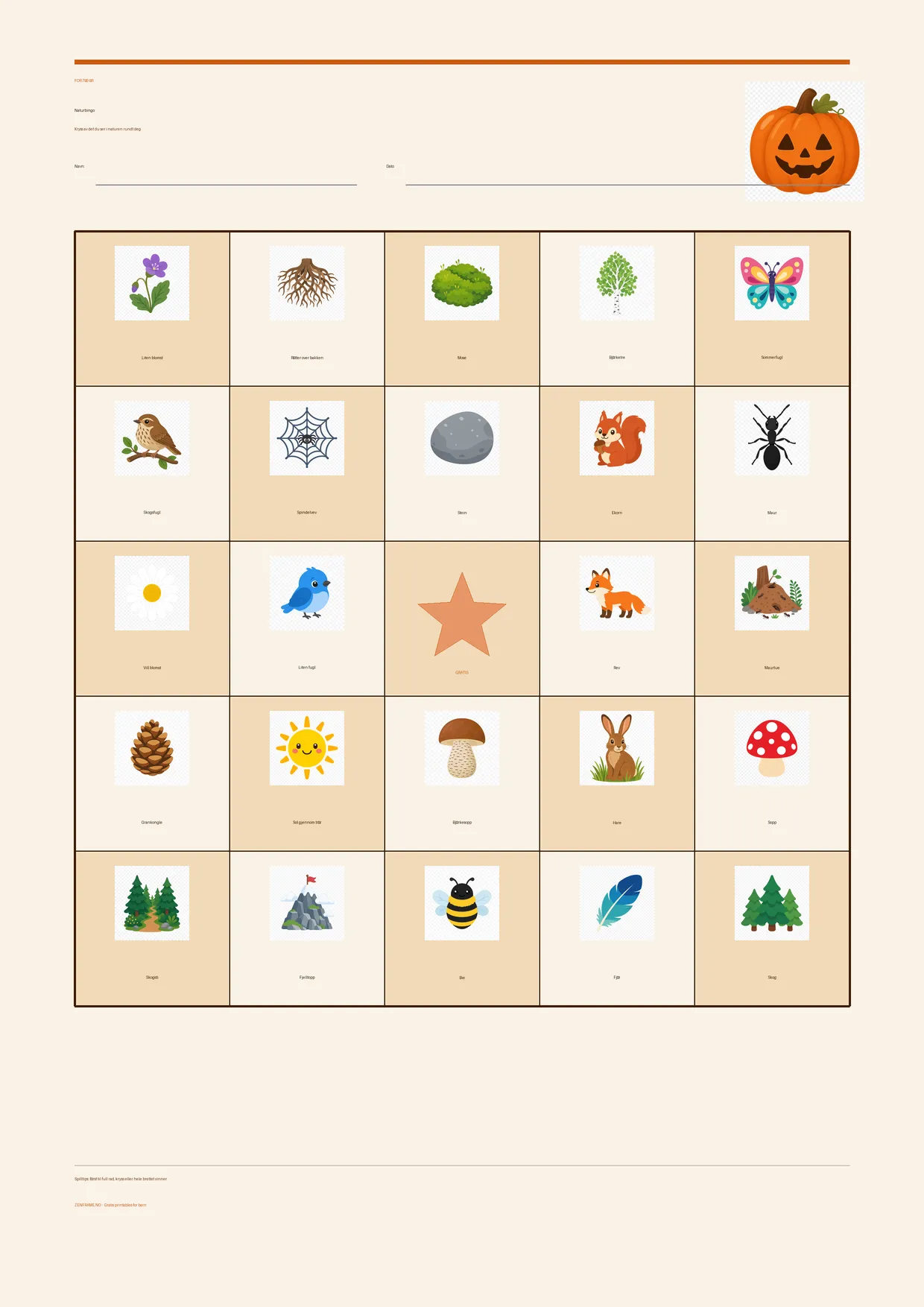 Naturbingo for barn 7–9 år – Halloween-tema – gratis utskrivbart A4-brett