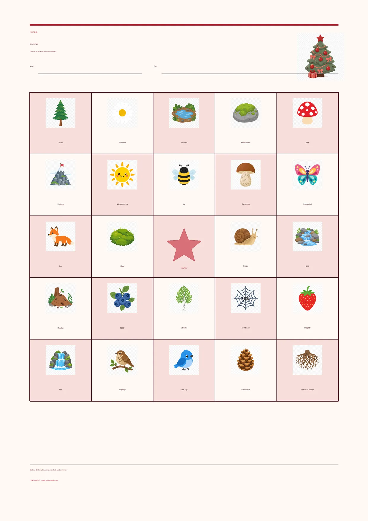 Naturbingo for barn 7–9 år – Jul-tema – gratis utskrivbart A4-brett