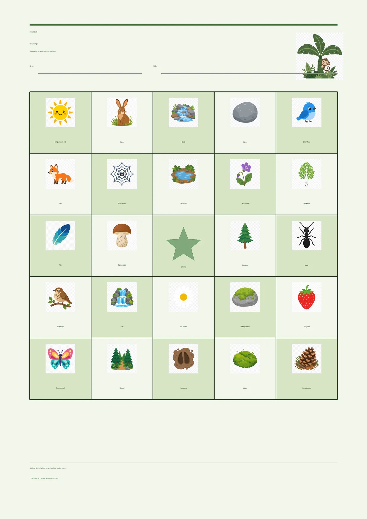 Naturbingo for barn 7–9 år – Jungel-tema – gratis utskrivbart A4-brett