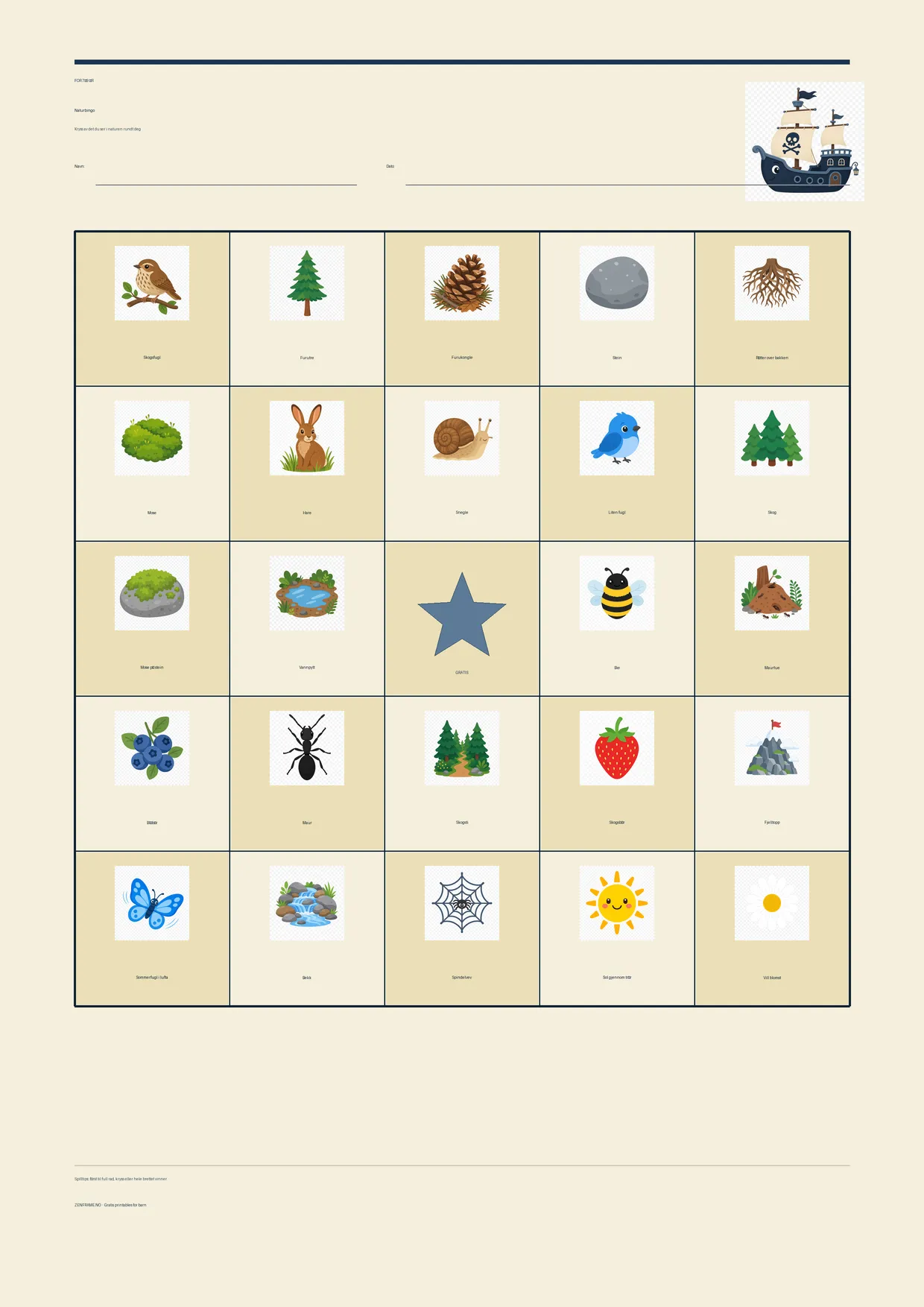 Naturbingo for barn 7–9 år – Pirat-tema – gratis utskrivbart A4-brett