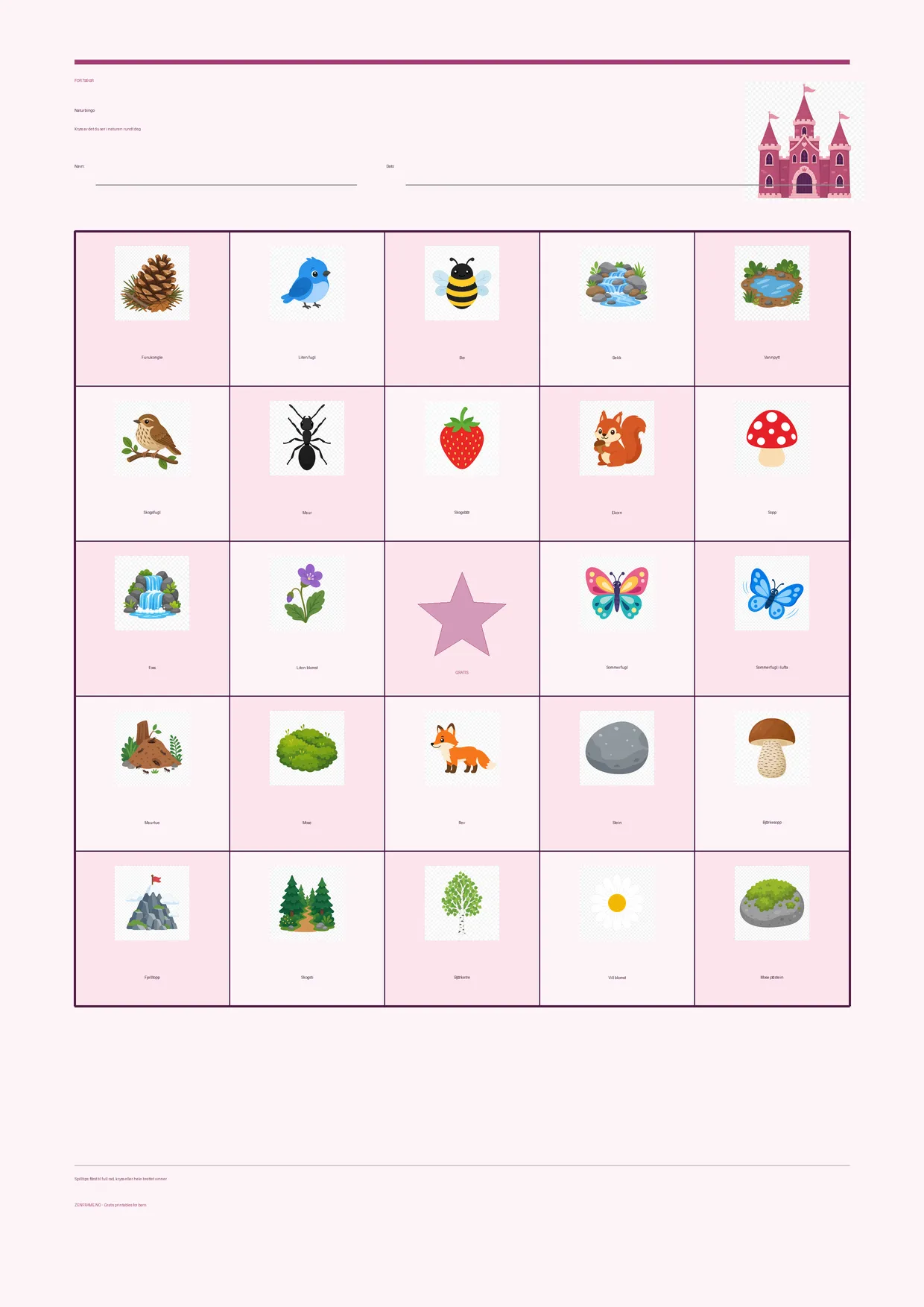 Naturbingo for barn 7–9 år – Prinsesse-tema – gratis utskrivbart A4-brett