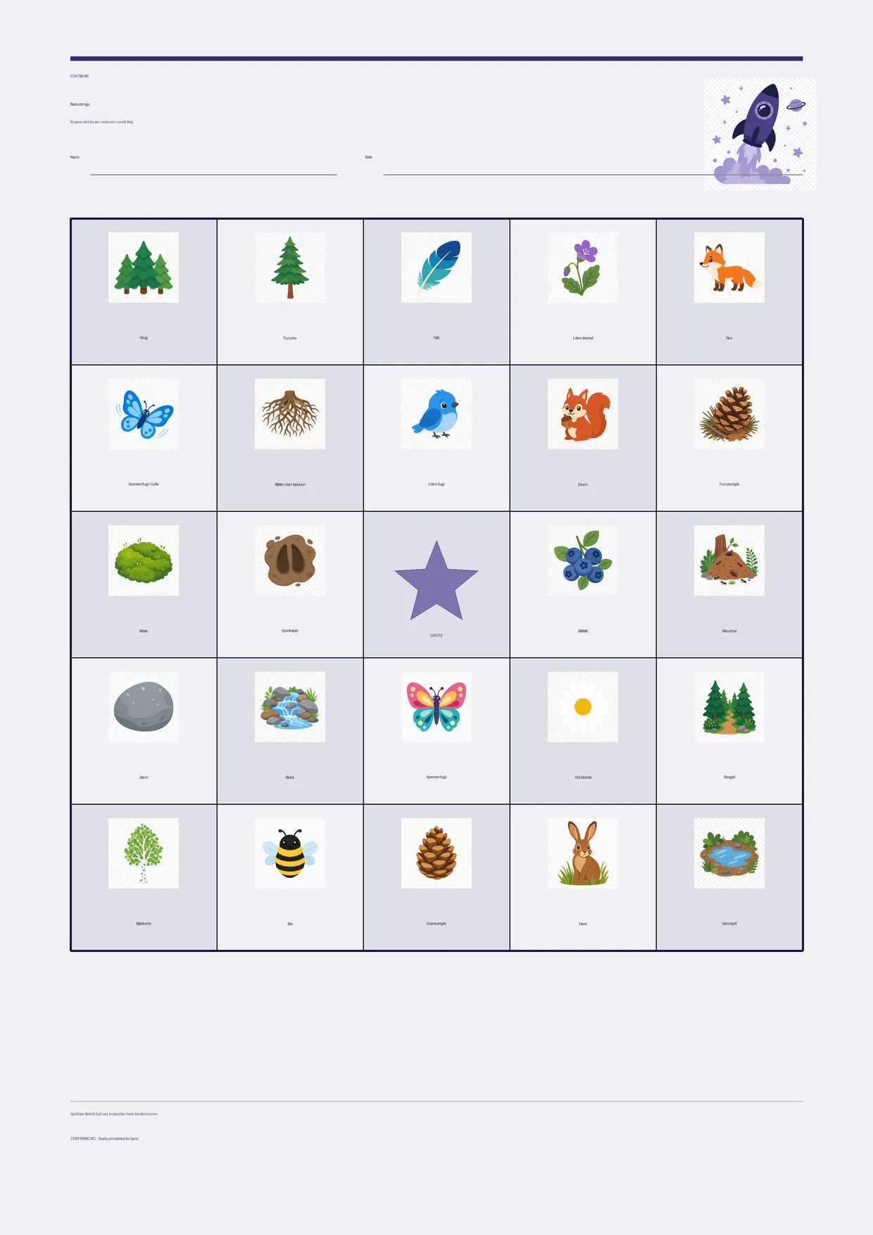 Naturbingo for barn 7–9 år – Romfart-tema – gratis utskrivbart A4-brett