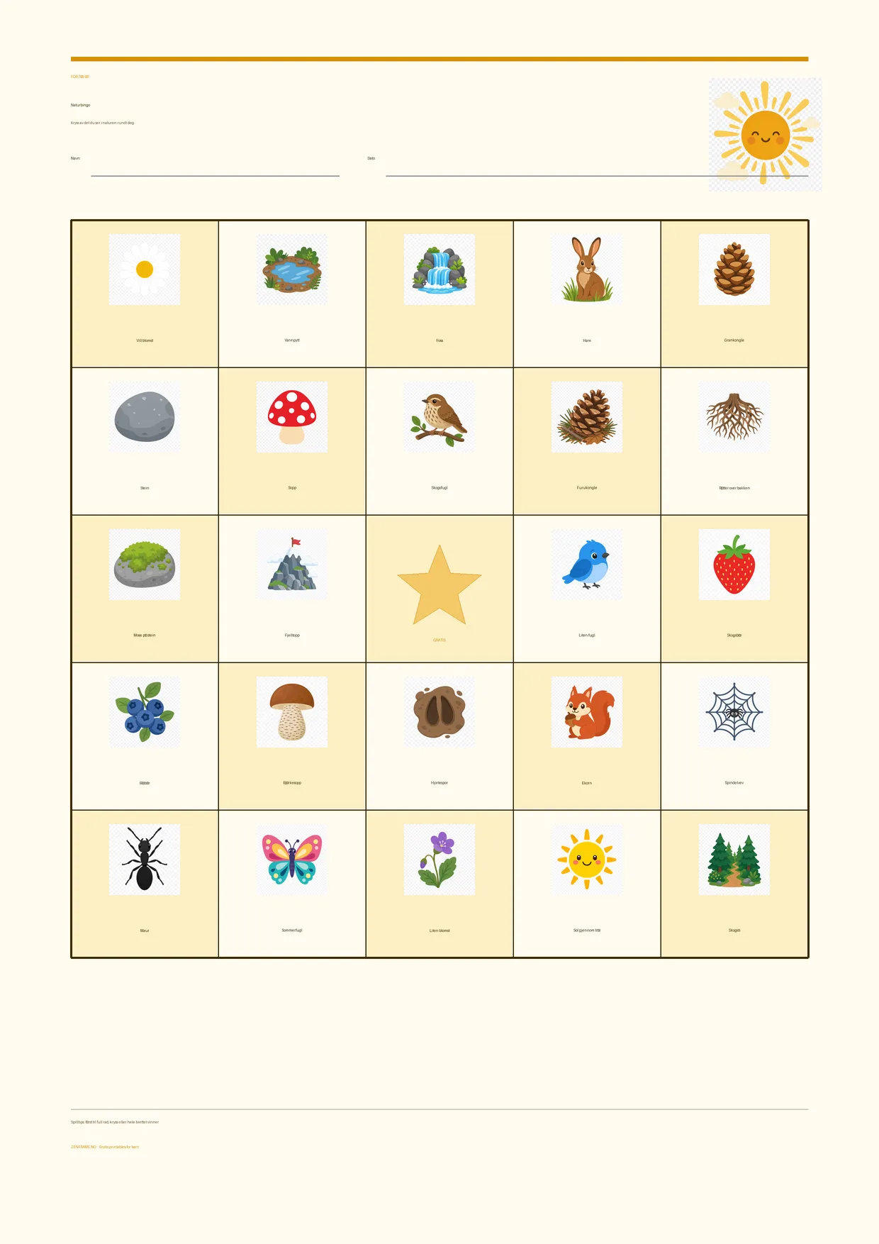 Naturbingo for barn 7–9 år – Sommer-tema – gratis utskrivbart A4-brett