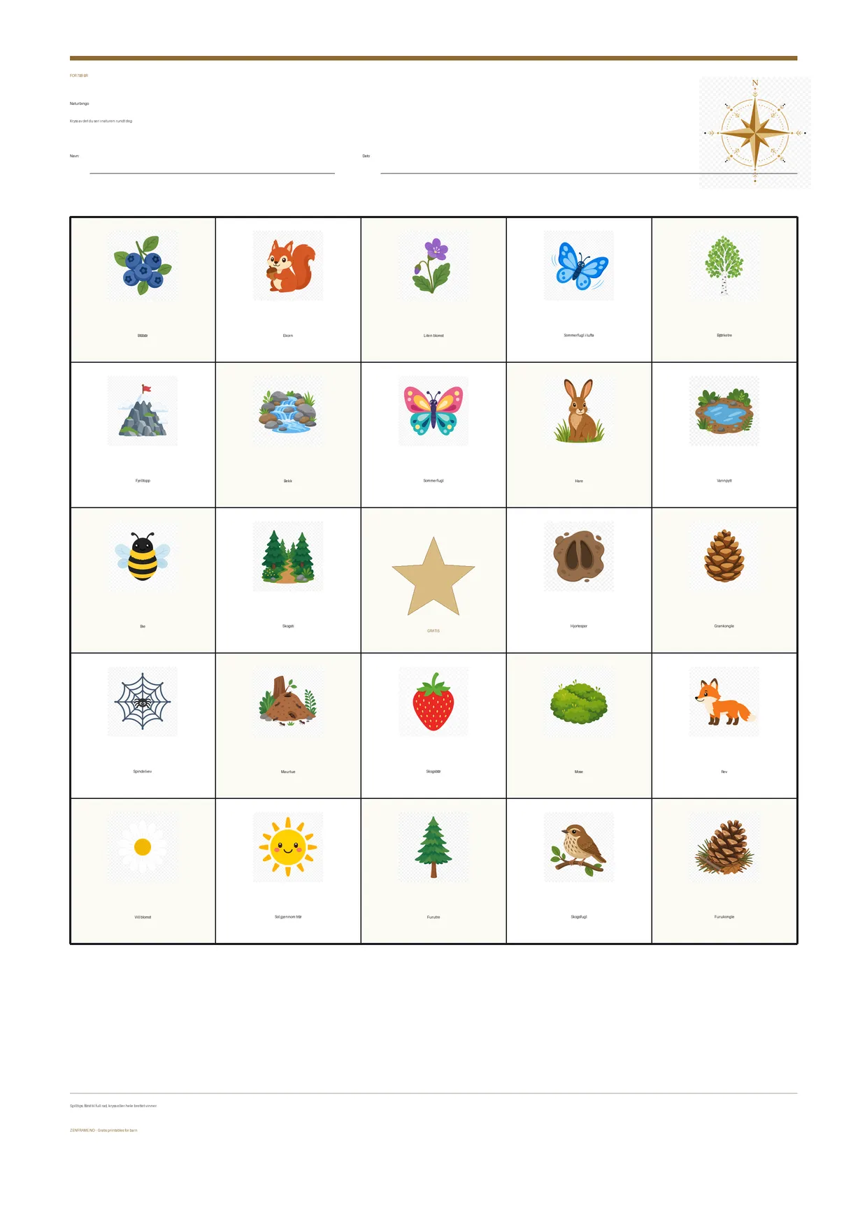 Naturbingo for barn 7–9 år – gratis utskrivbart A4-brett