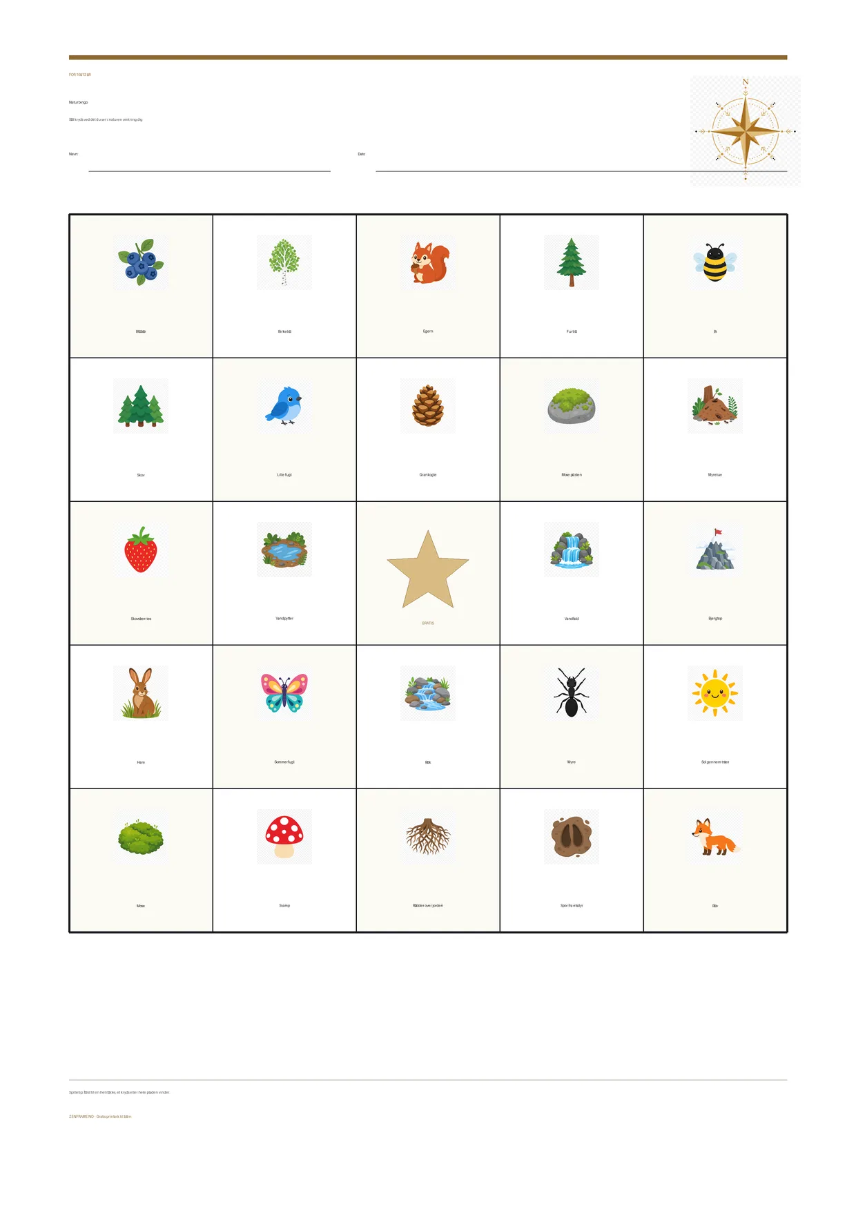 Naturbingo for børn 10–12 år – gratis printbar A4-plade