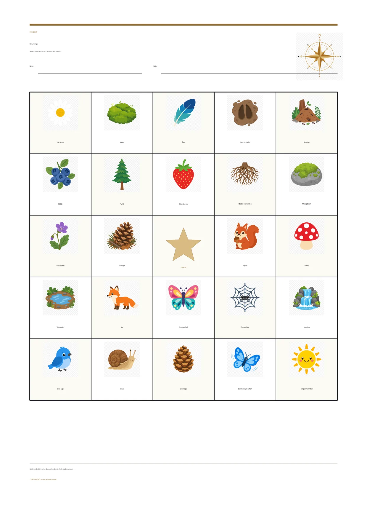 Naturbingo for børn 4–6 år – gratis printbar A4-plade