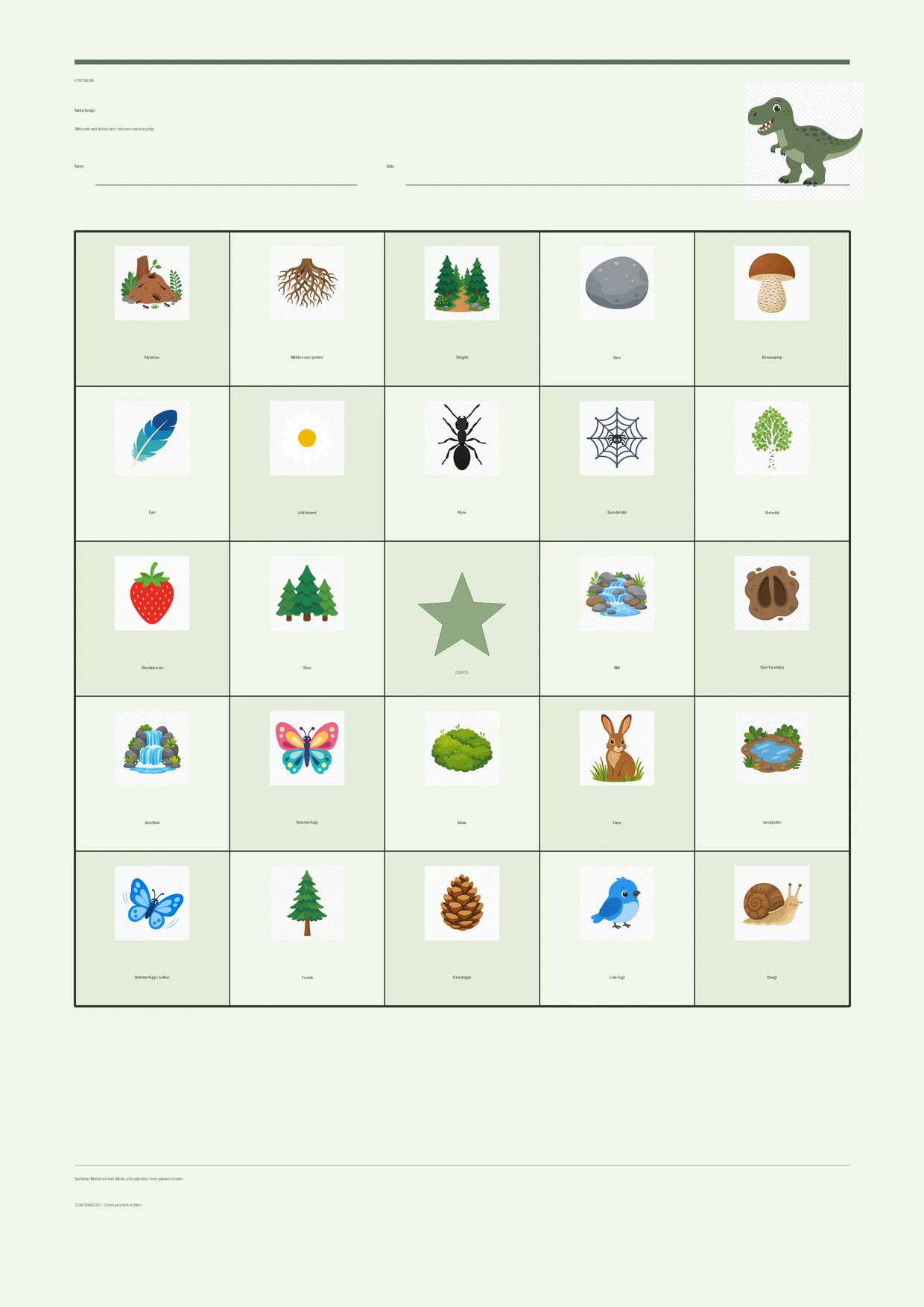 Naturbingo for børn 7–9 år – Dinosaur-tema – gratis printbar A4-plade