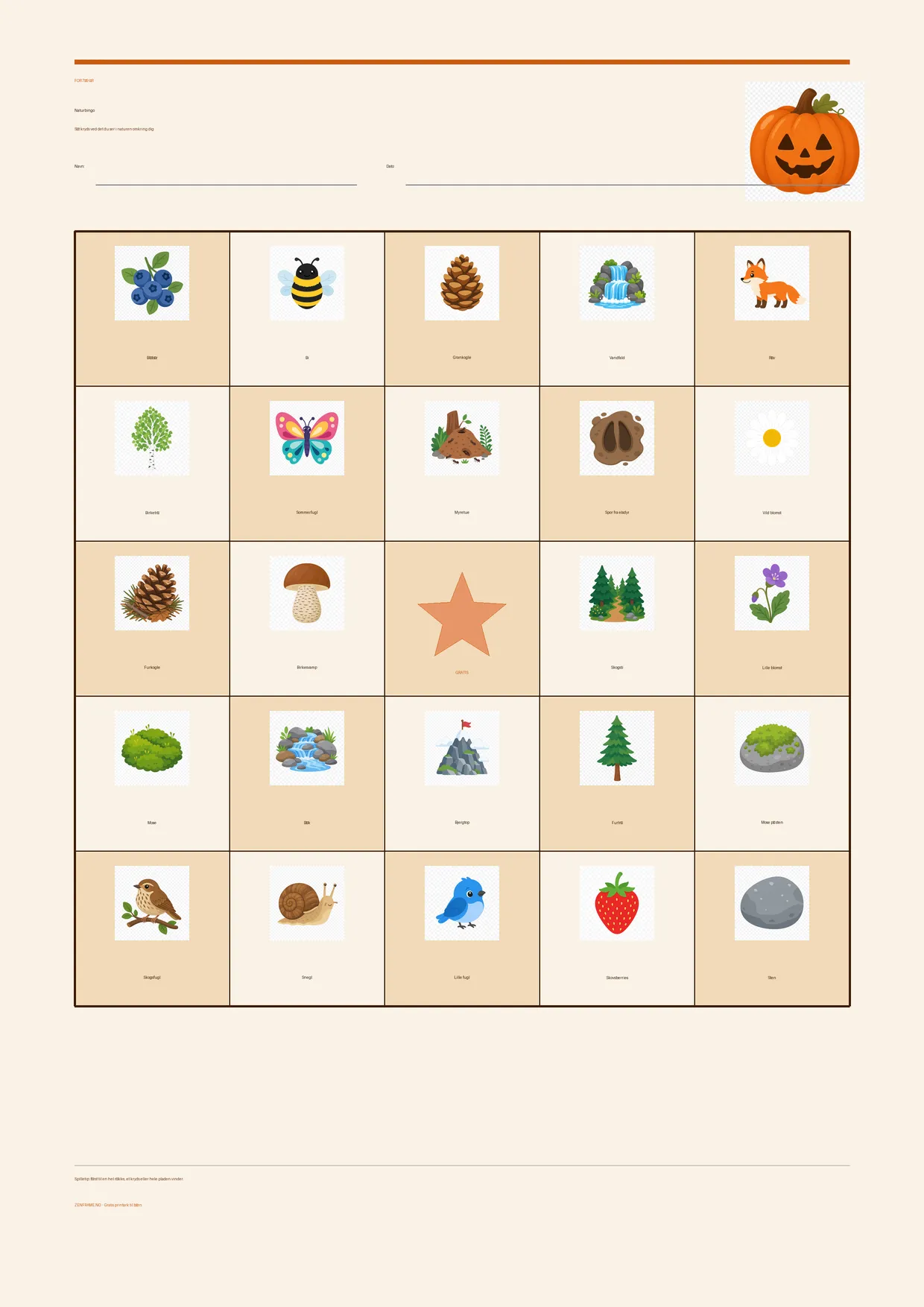 Naturbingo for børn 7–9 år – Halloween-tema – gratis printbar A4-plade