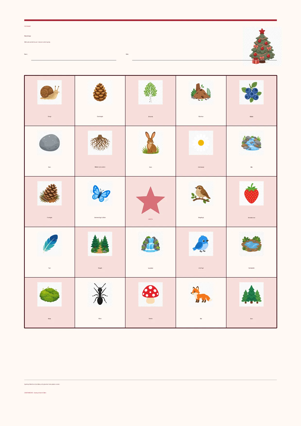 Naturbingo for børn 7–9 år – Jul-tema – gratis printbar A4-plade