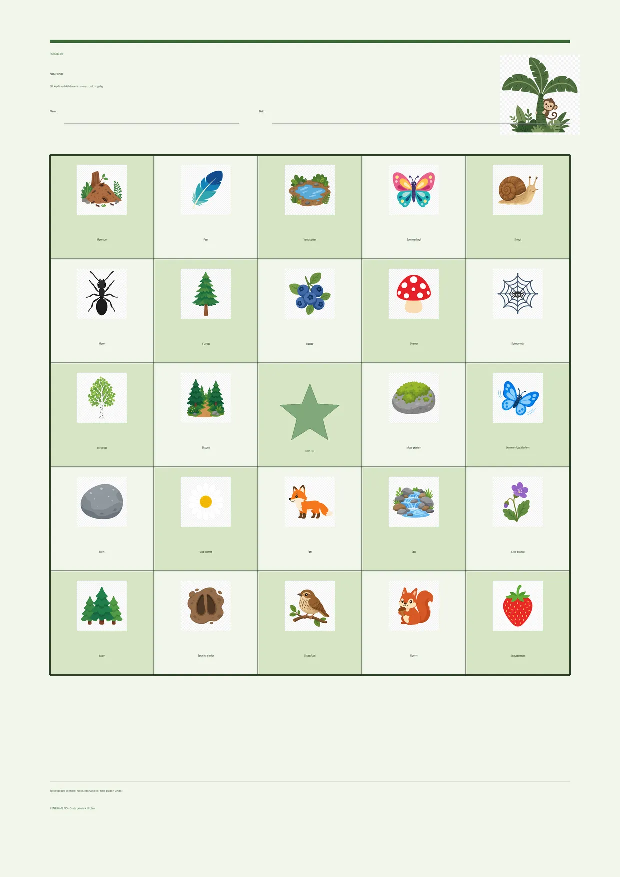 Naturbingo for børn 7–9 år – Jungle-tema – gratis printbar A4-plade