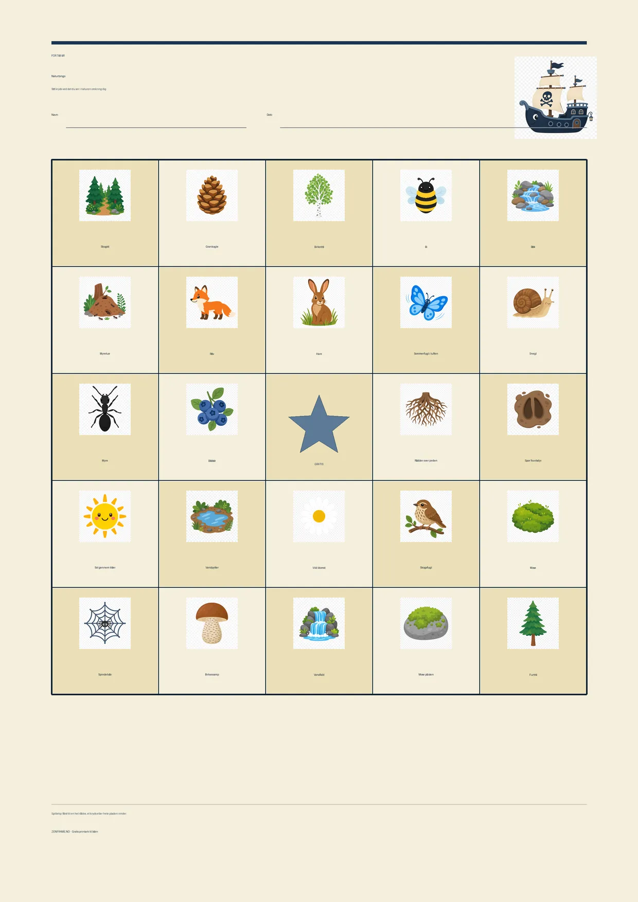 Naturbingo for børn 7–9 år – Pirat-tema – gratis printbar A4-plade