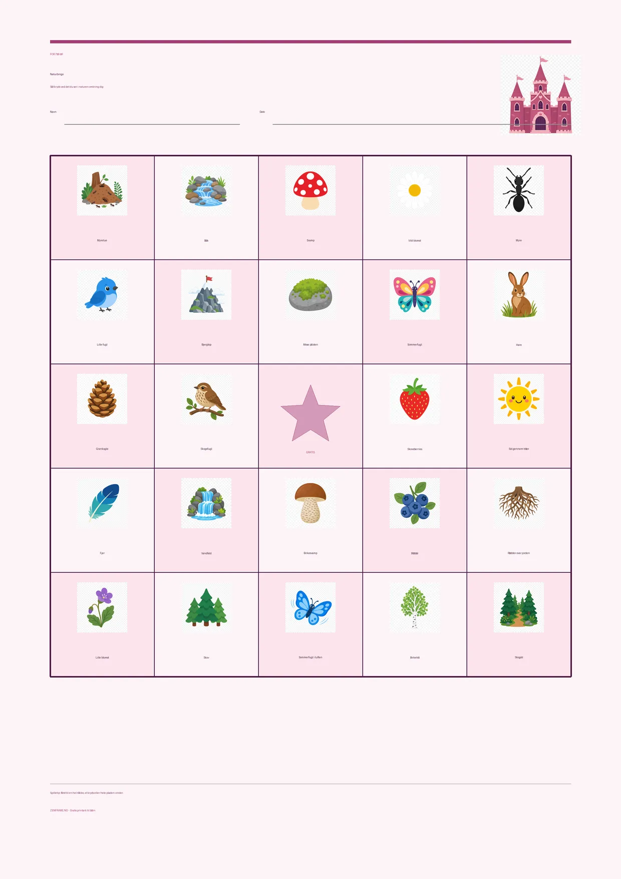 Naturbingo for børn 7–9 år – Prinsesse-tema – gratis printbar A4-plade