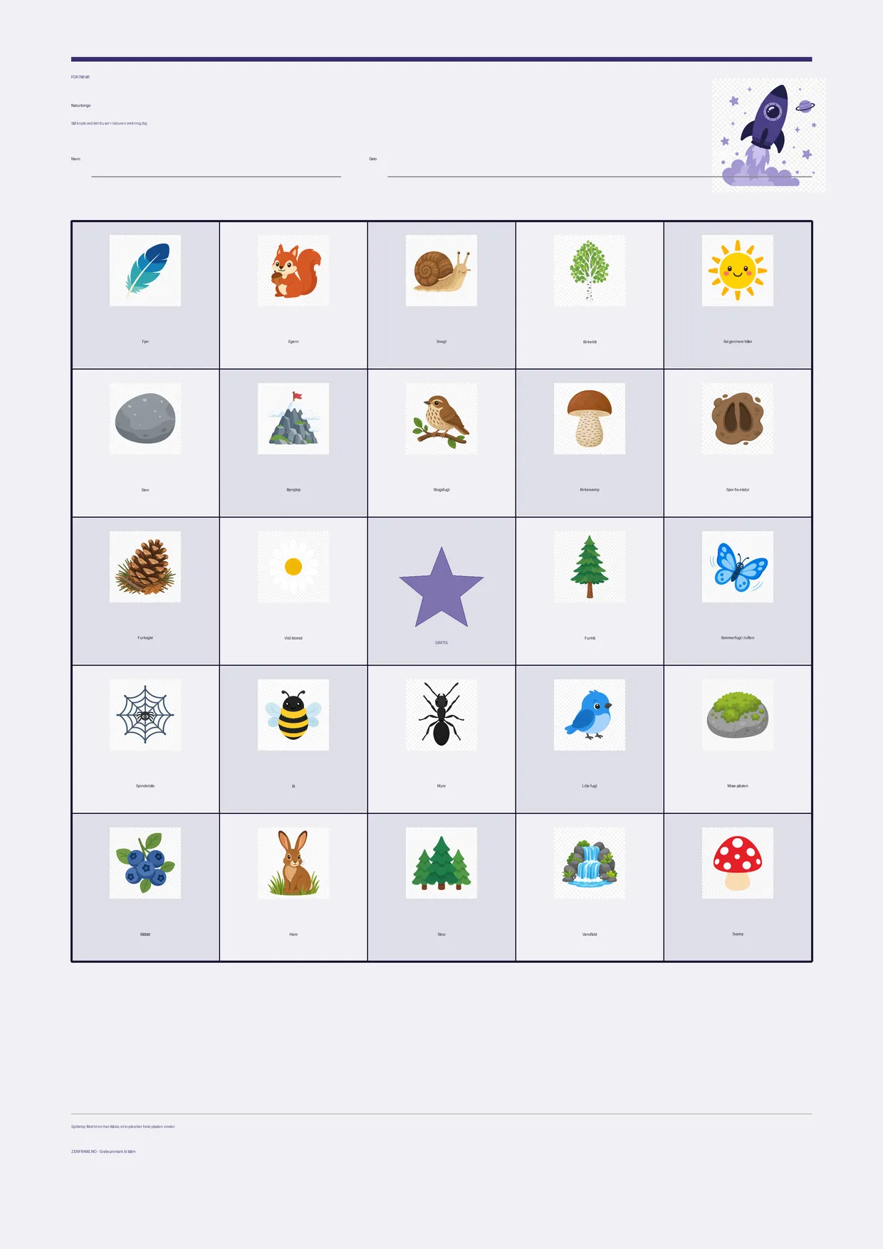 Naturbingo for børn 7–9 år – Rummet-tema – gratis printbar A4-plade