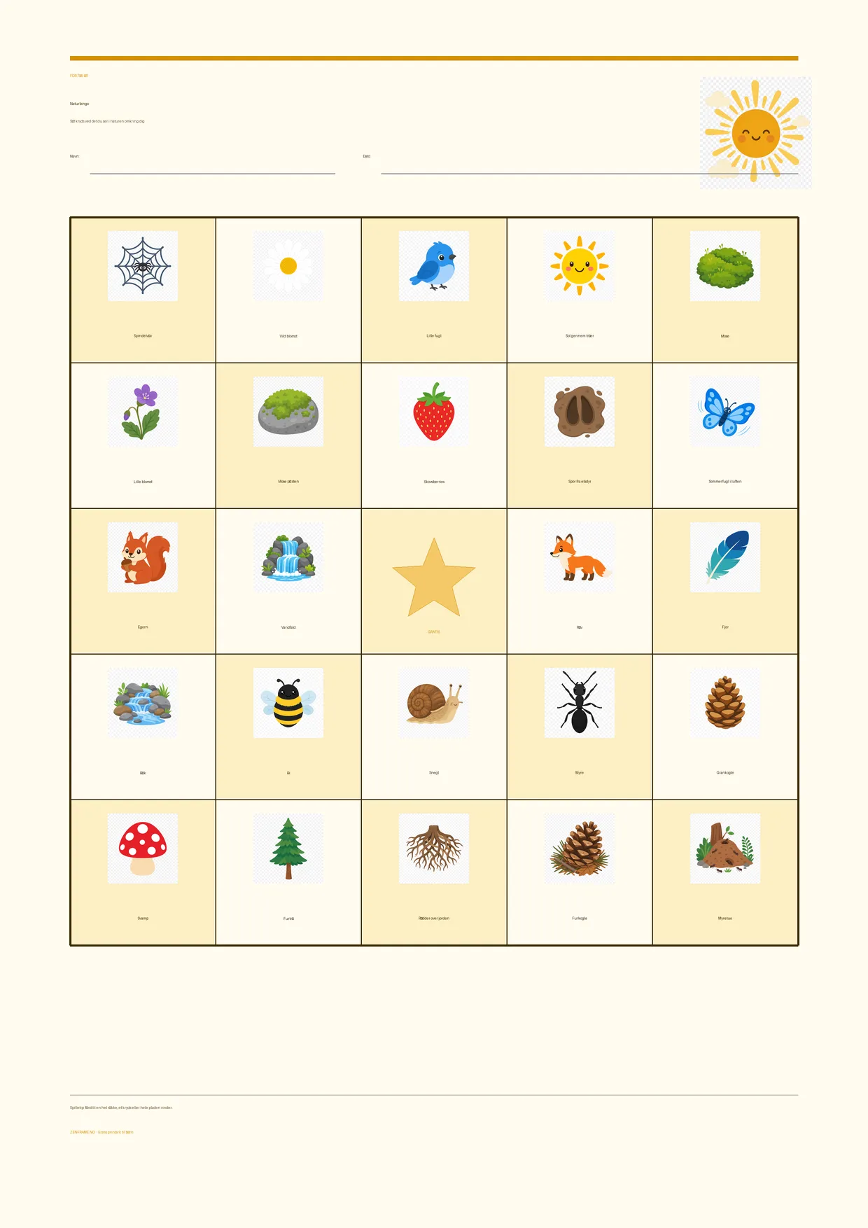 Naturbingo for børn 7–9 år – Sommer-tema – gratis printbar A4-plade