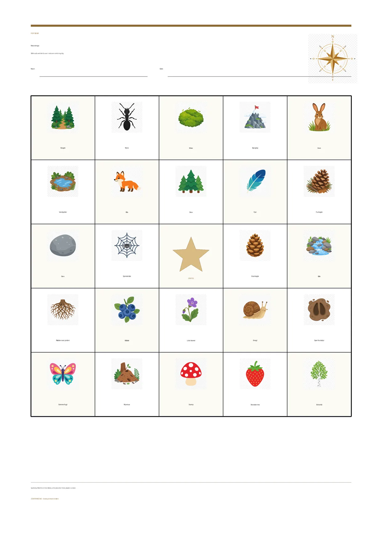 Naturbingo for børn 7–9 år – gratis printbar A4-plade