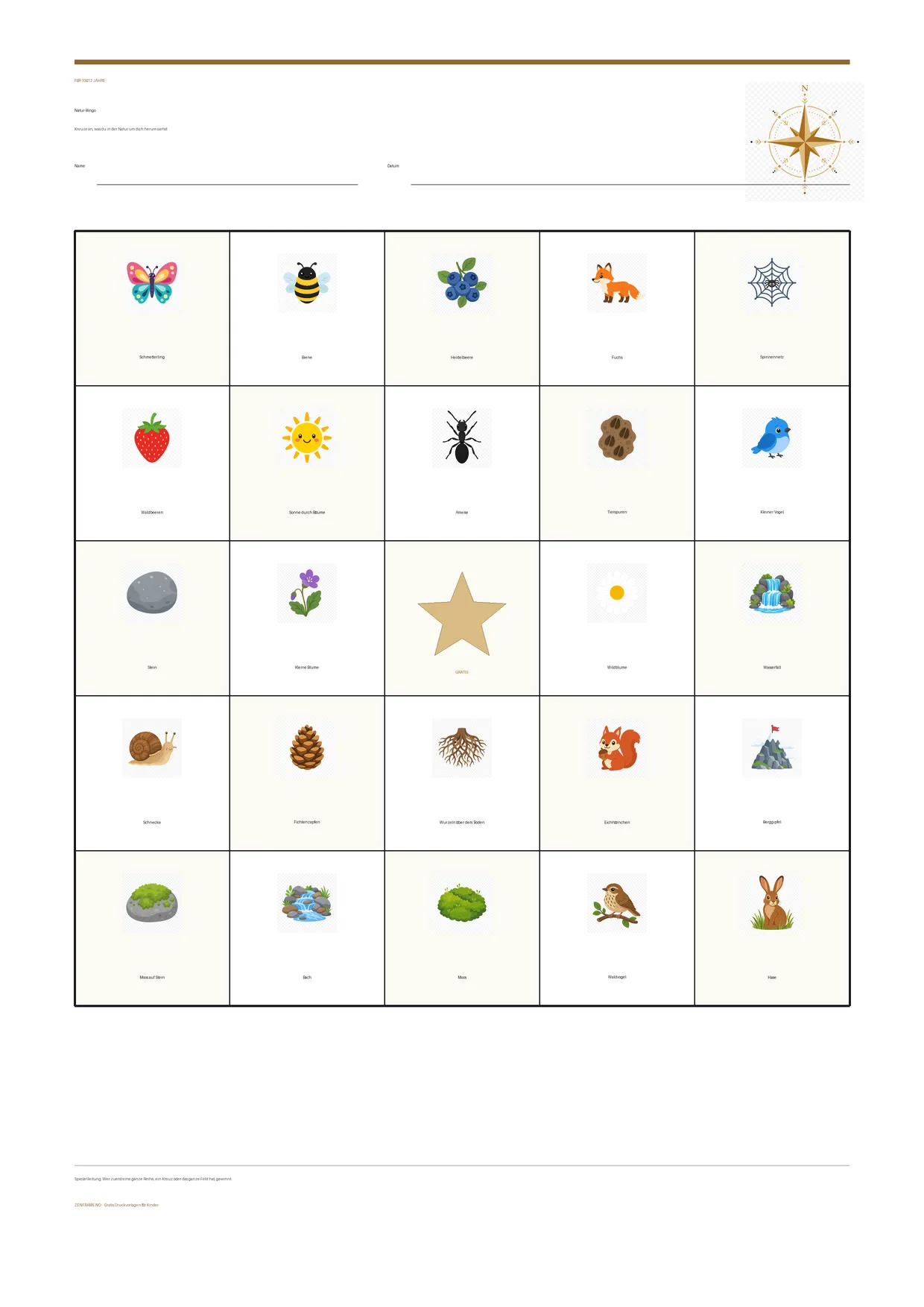 Natur-Bingo für Kinder 10–12 Jahre – kostenlose A4-Vorlage zum Ausdrucken