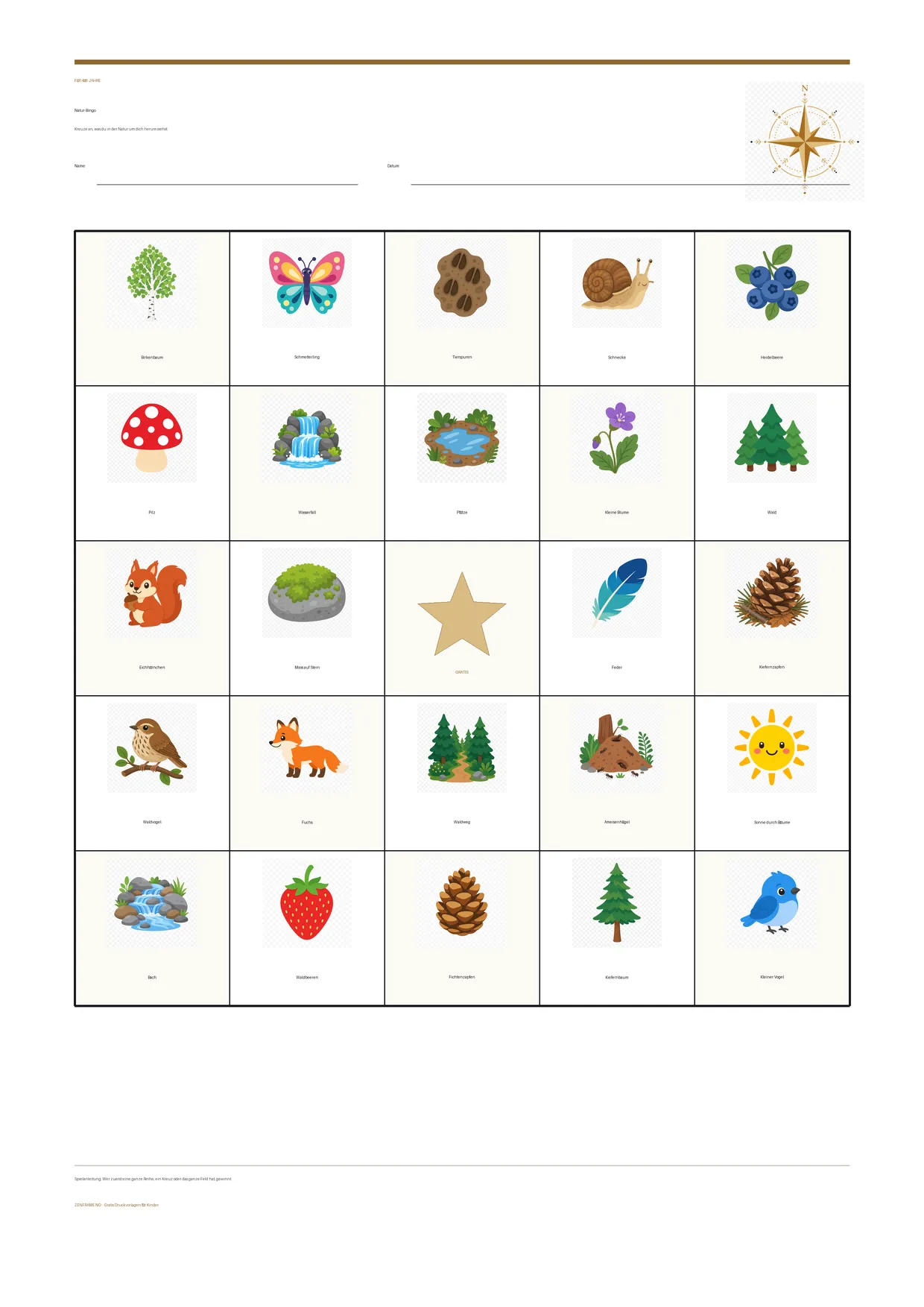 Natur-Bingo für Kinder 4–6 Jahre – kostenlose A4-Vorlage zum Ausdrucken