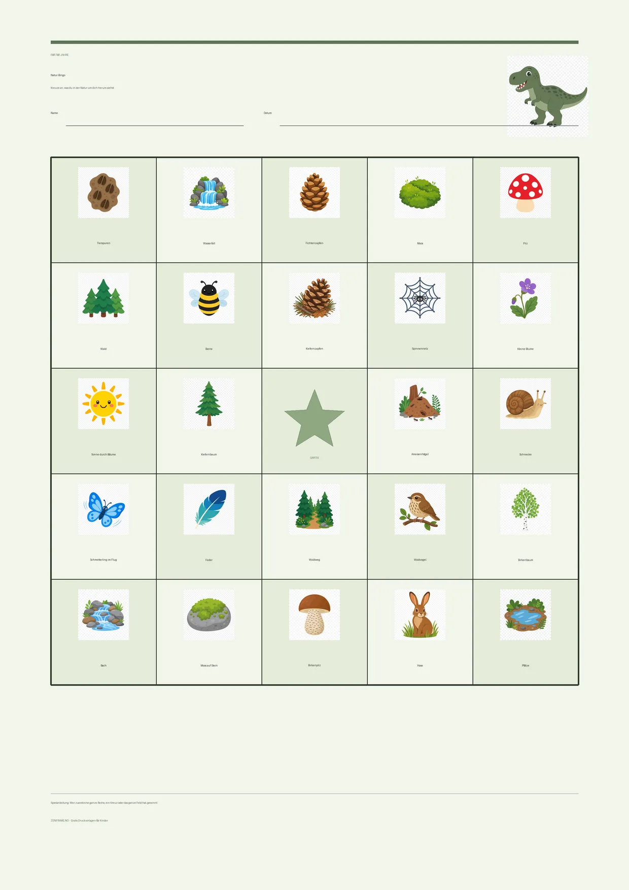 Natur-Bingo für Kinder 7–9 Jahre – Dinosaurier-Design – kostenlose A4-Vorlage zum Ausdrucken
