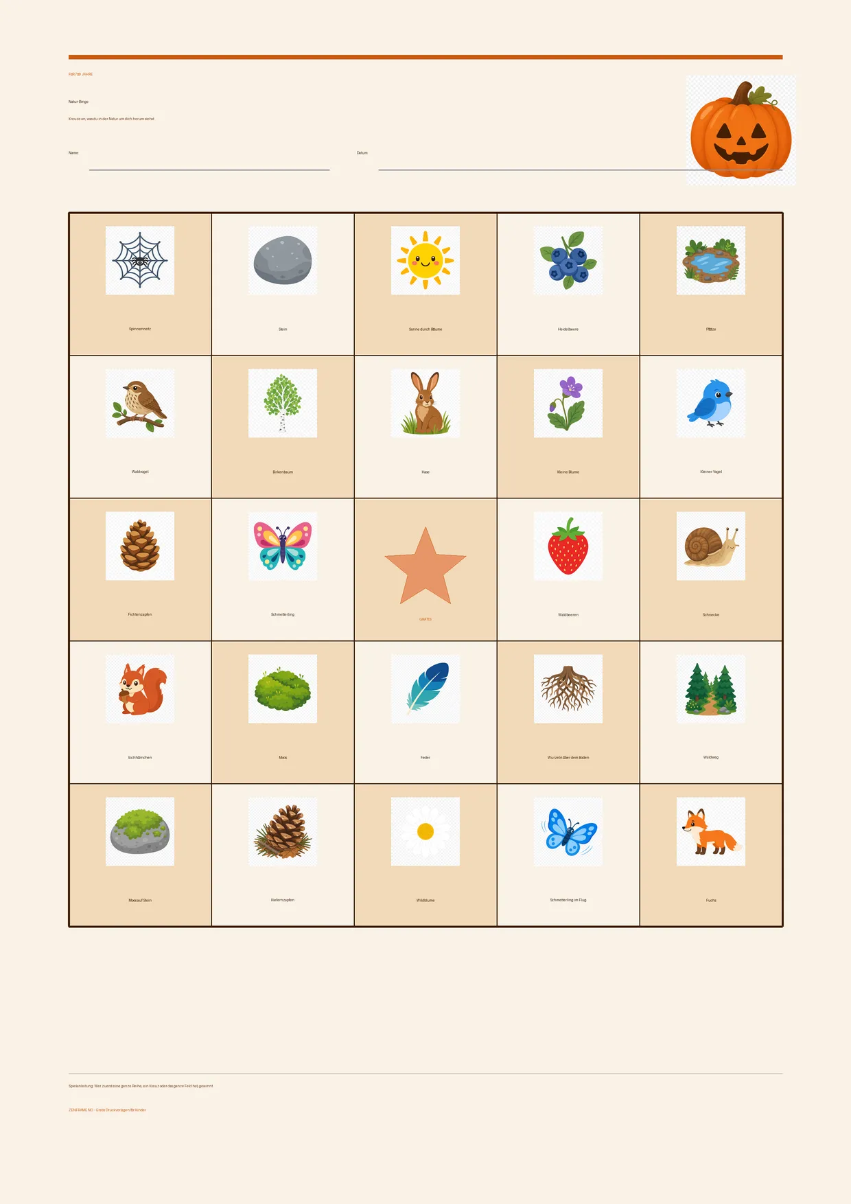 Natur-Bingo für Kinder 7–9 Jahre – Halloween-Design – kostenlose A4-Vorlage zum Ausdrucken