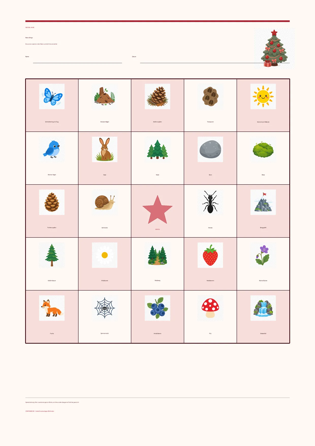 Natur-Bingo für Kinder 7–9 Jahre – Weihnachten-Design – kostenlose A4-Vorlage zum Ausdrucken