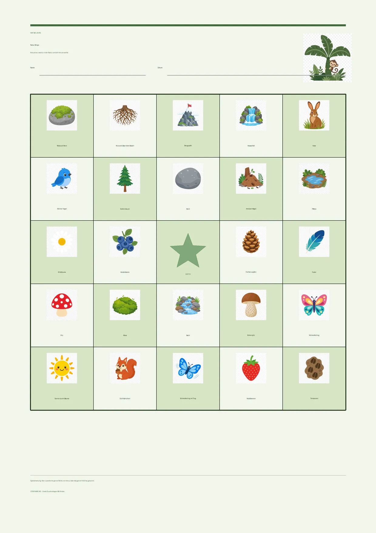 Natur-Bingo für Kinder 7–9 Jahre – Dschungel-Design – kostenlose A4-Vorlage zum Ausdrucken