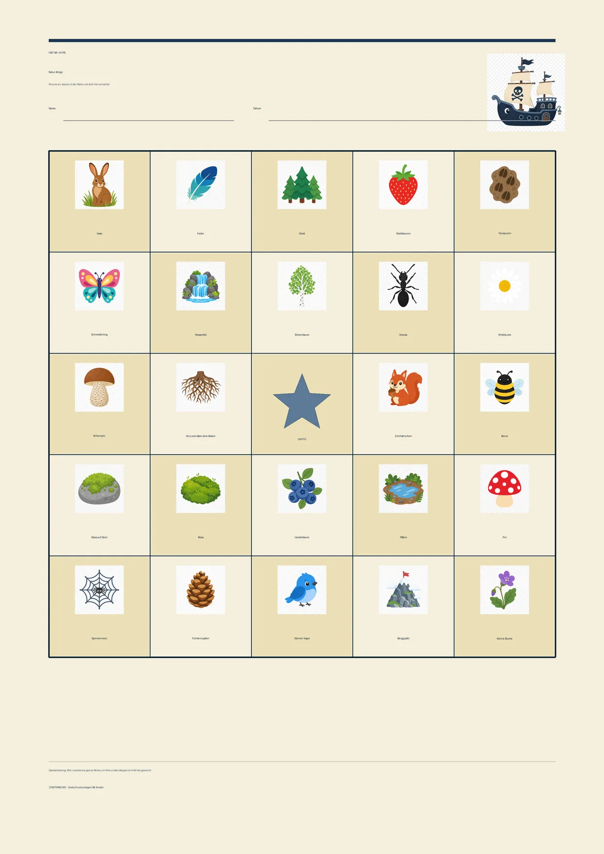 Natur-Bingo für Kinder 7–9 Jahre – Pirat-Design – kostenlose A4-Vorlage zum Ausdrucken